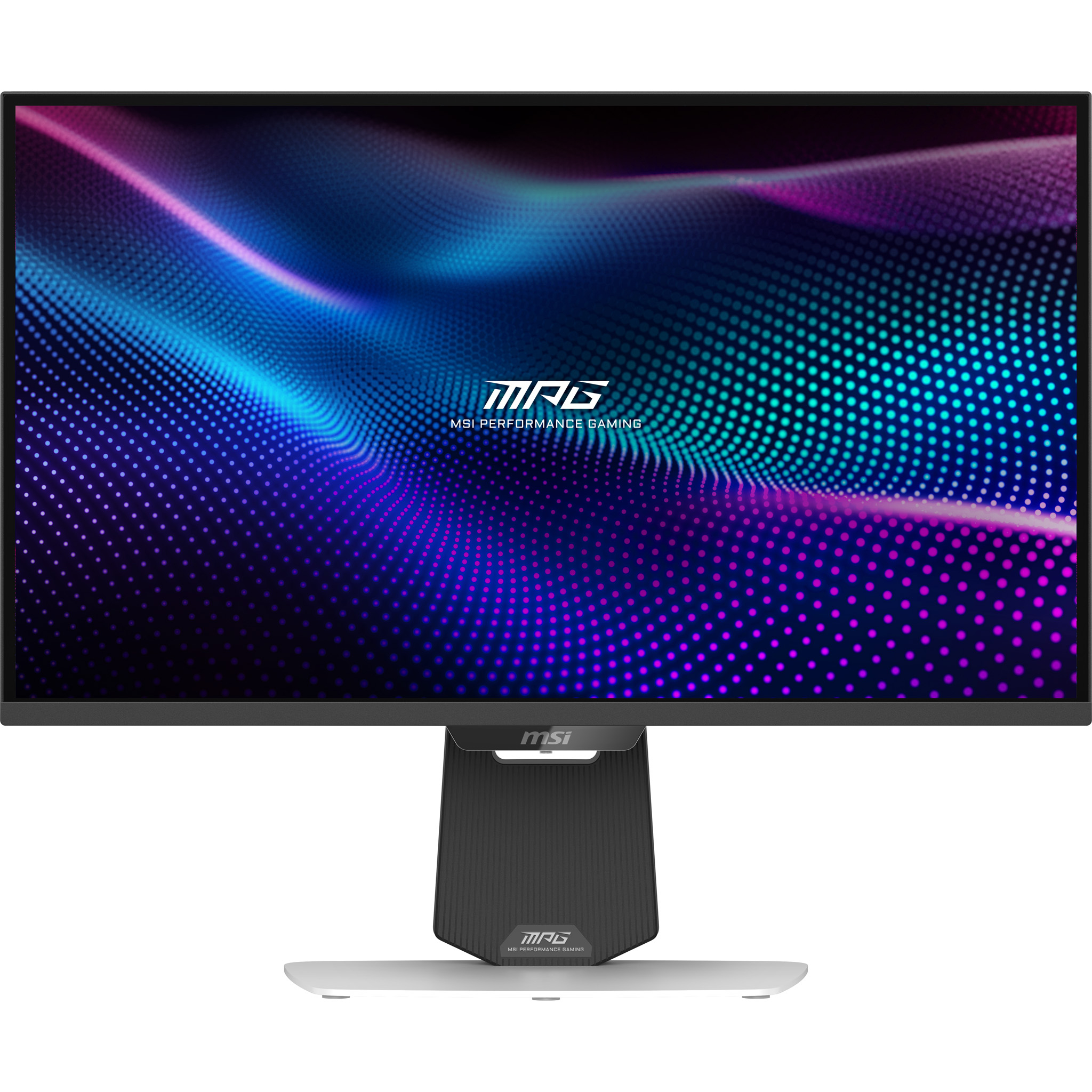 Monitor MSI gaming. La pantalla muestra un patrón abstracto colorido. El soporte es negro y gris. La base es blanca.