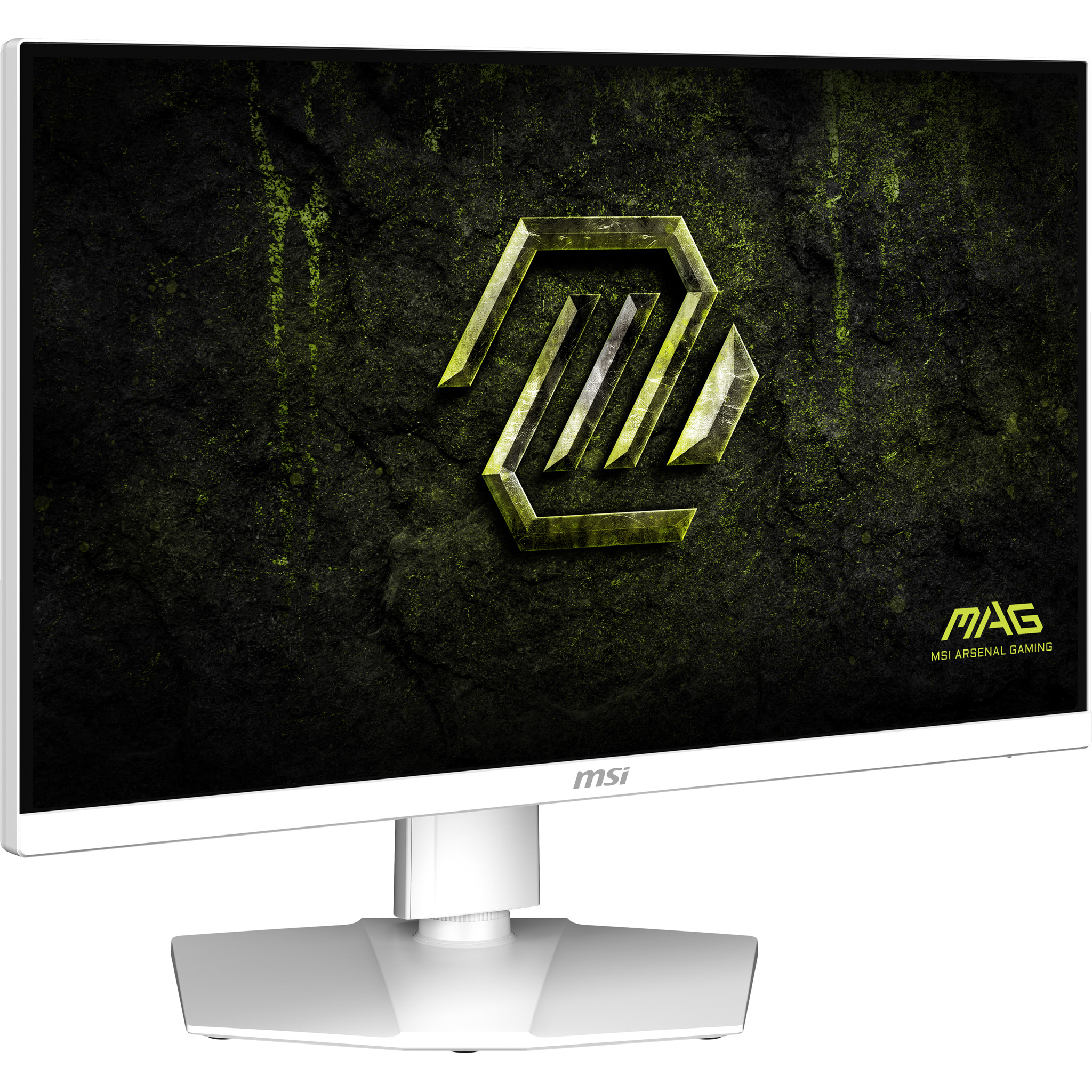 Biały monitor MSI z zielono-czarnym ekranem o fakturze wyświetlającym żółte logo. Monitor stoi na białym stojaku.