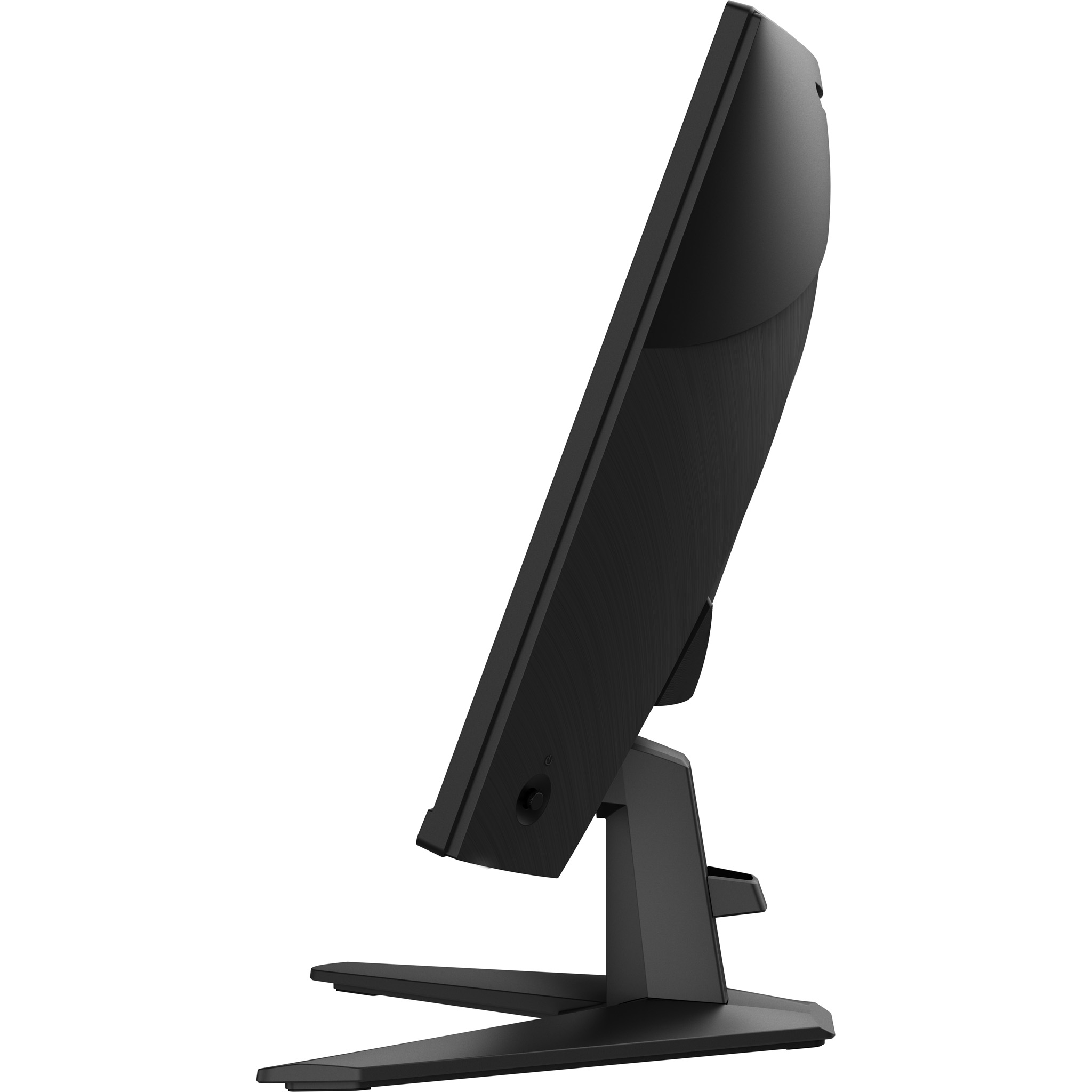 Een zwarte computermonitor wordt van opzij getoond. De monitor is schuin, met een standaard.
