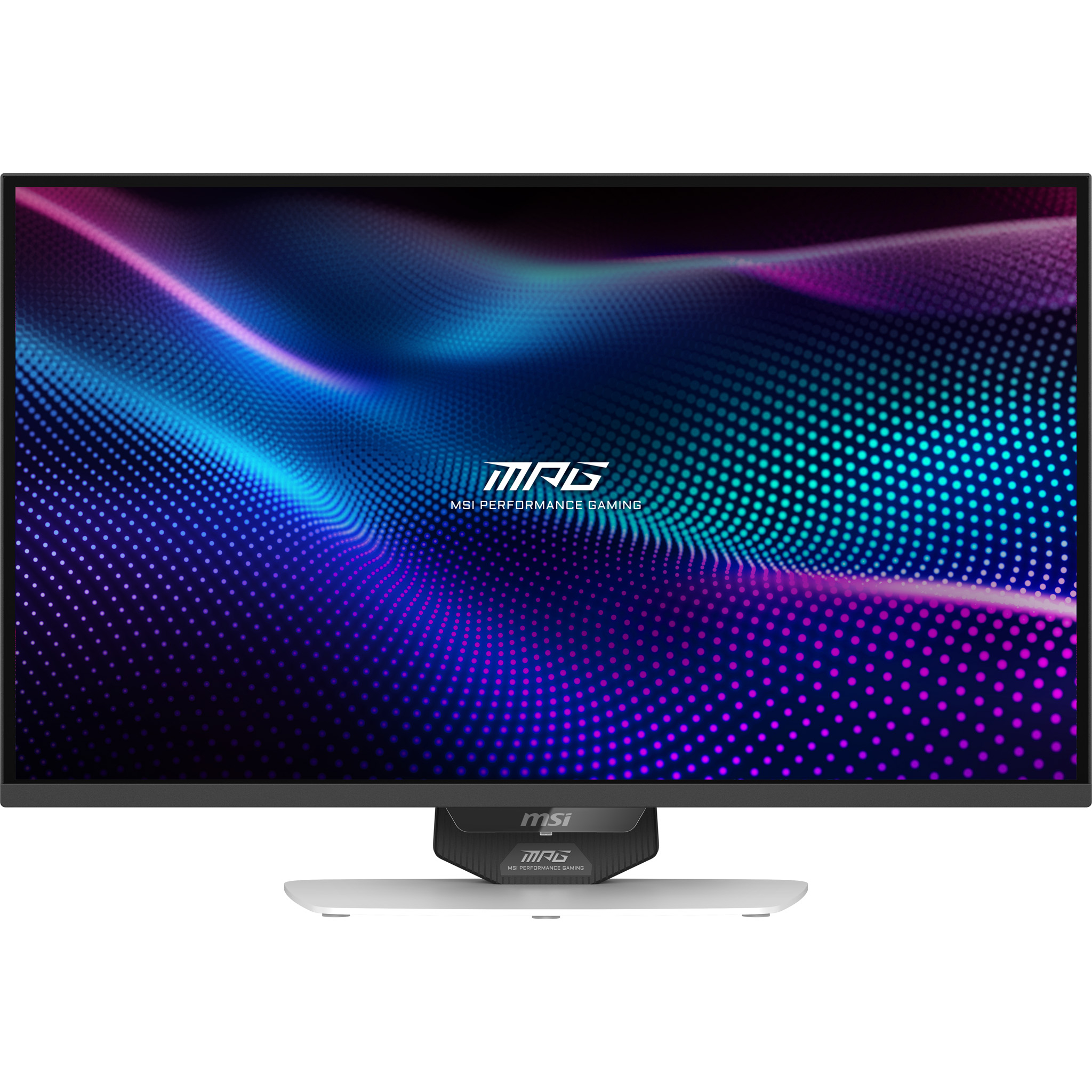 Monitor gaming MSI. Pantalla muestra un patrón de ondas colorido. El soporte es blanco y tiene el logo de MSI.