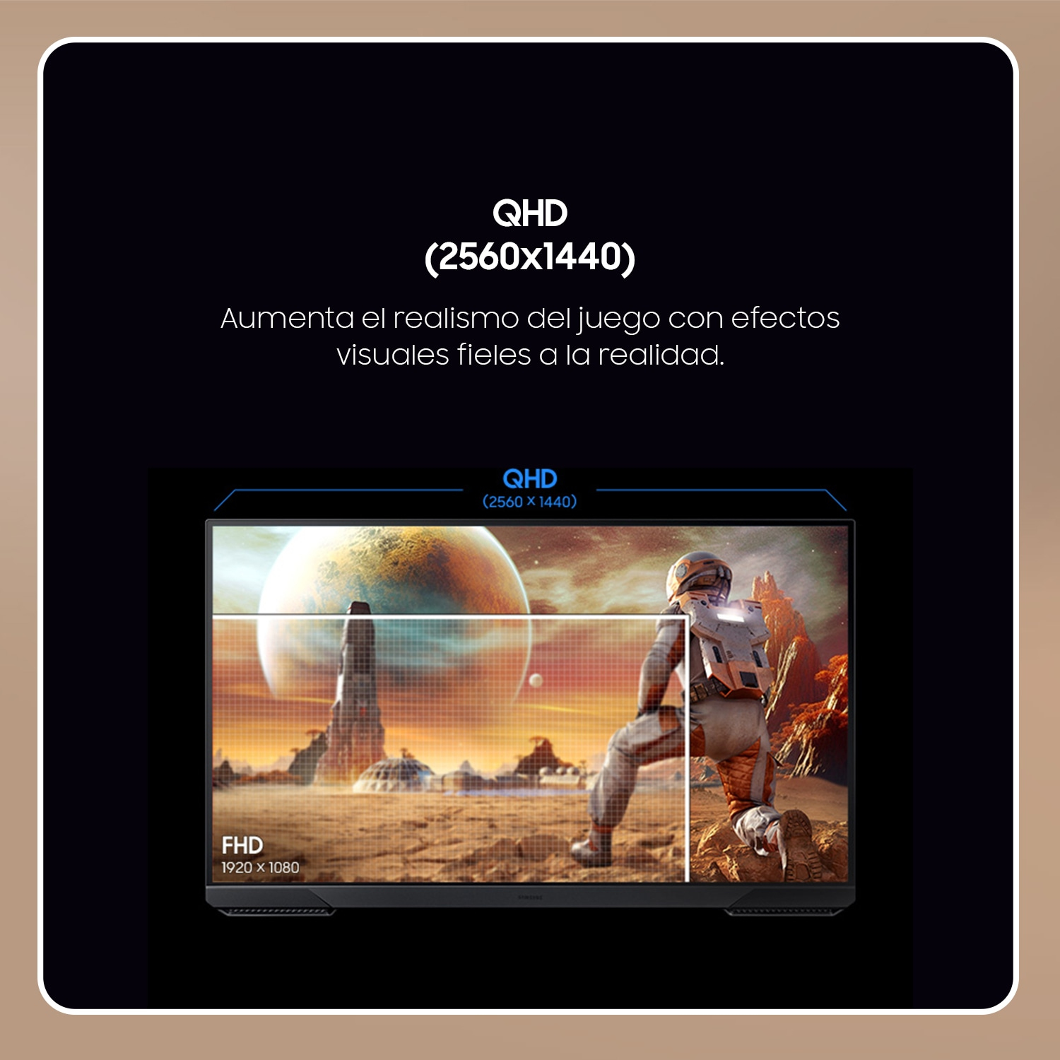 Monitor z wyświetlaczem QHD przedstawia scenę kosmiczną z astronautą, porównując ją z wyświetlaczem FHD.