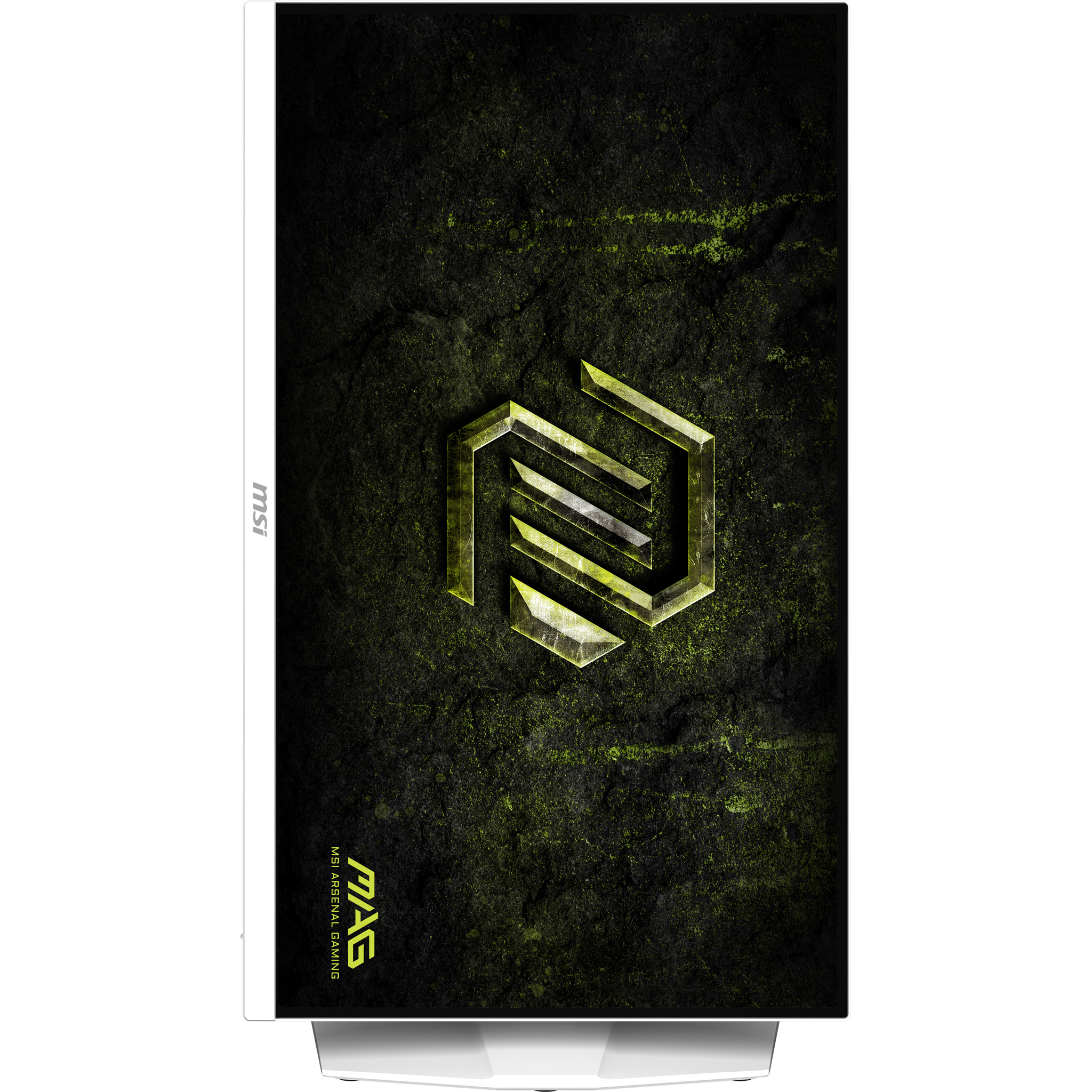 Monitor do gier MSI MAG z zielono-czarnym, teksturowanym designem. Logo znajduje się na środku.