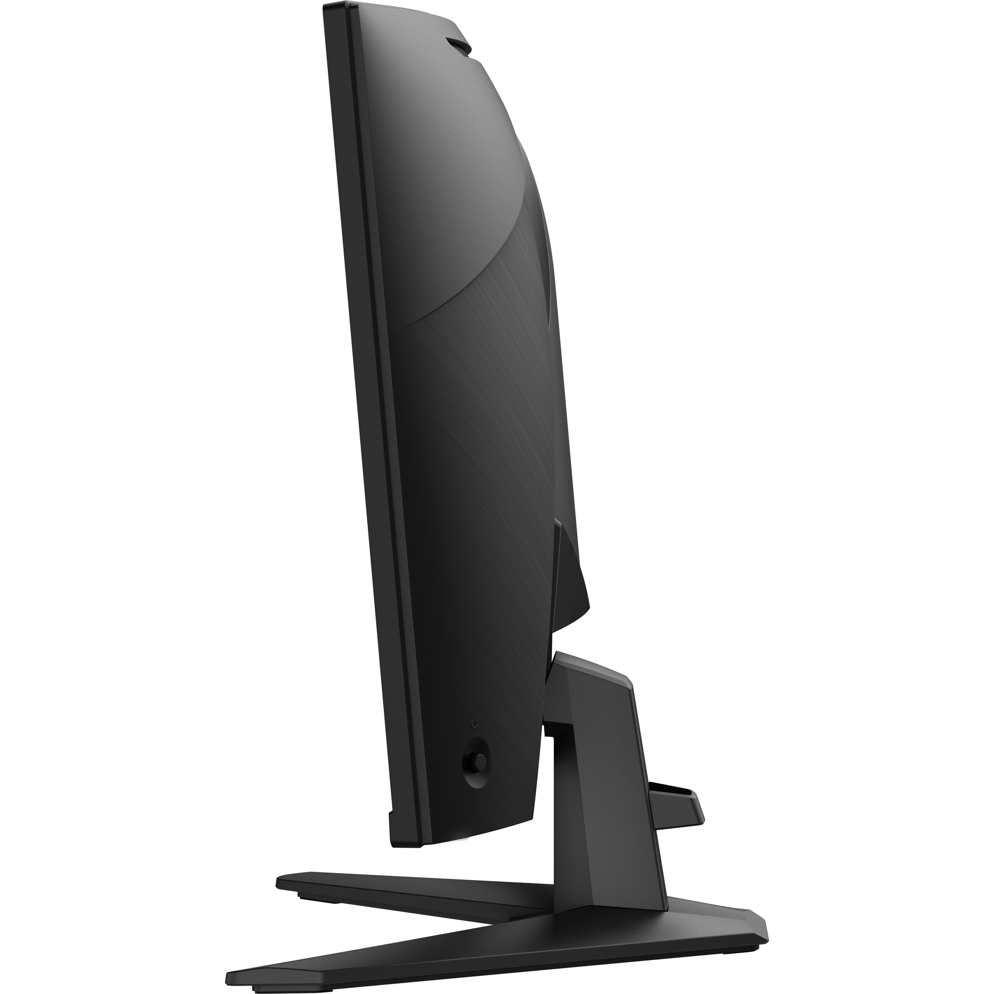 Een zwarte computermonitor wordt van opzij getoond. De basis en de standaard zijn zichtbaar, met een aan/uit-knop en een gebogen scherm.