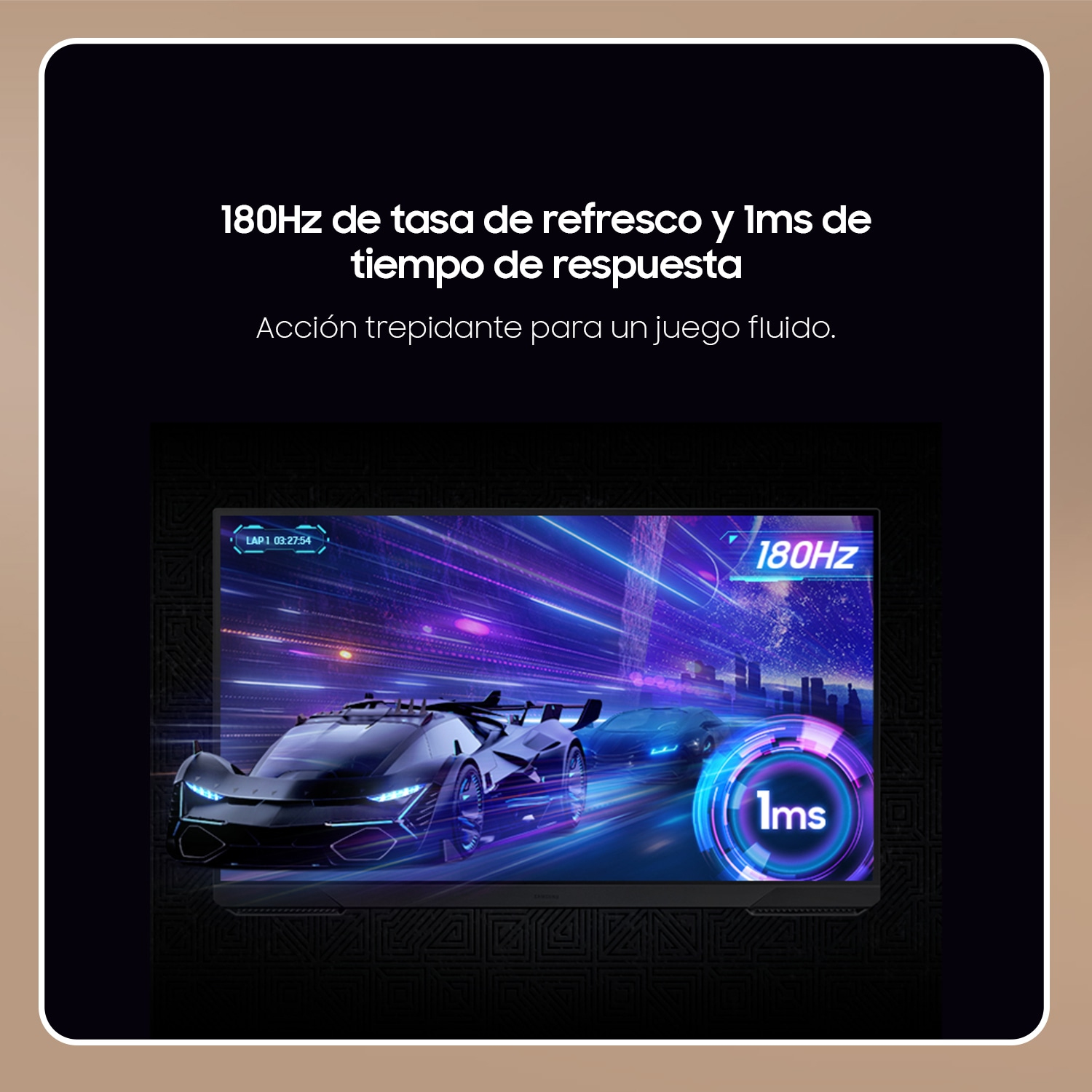 Monitor wyświetlający grę wyścigową z samochodami. Tekst pokazuje 180 Hz i czas reakcji 1 ms. Tło jest fioletowe i czarne.