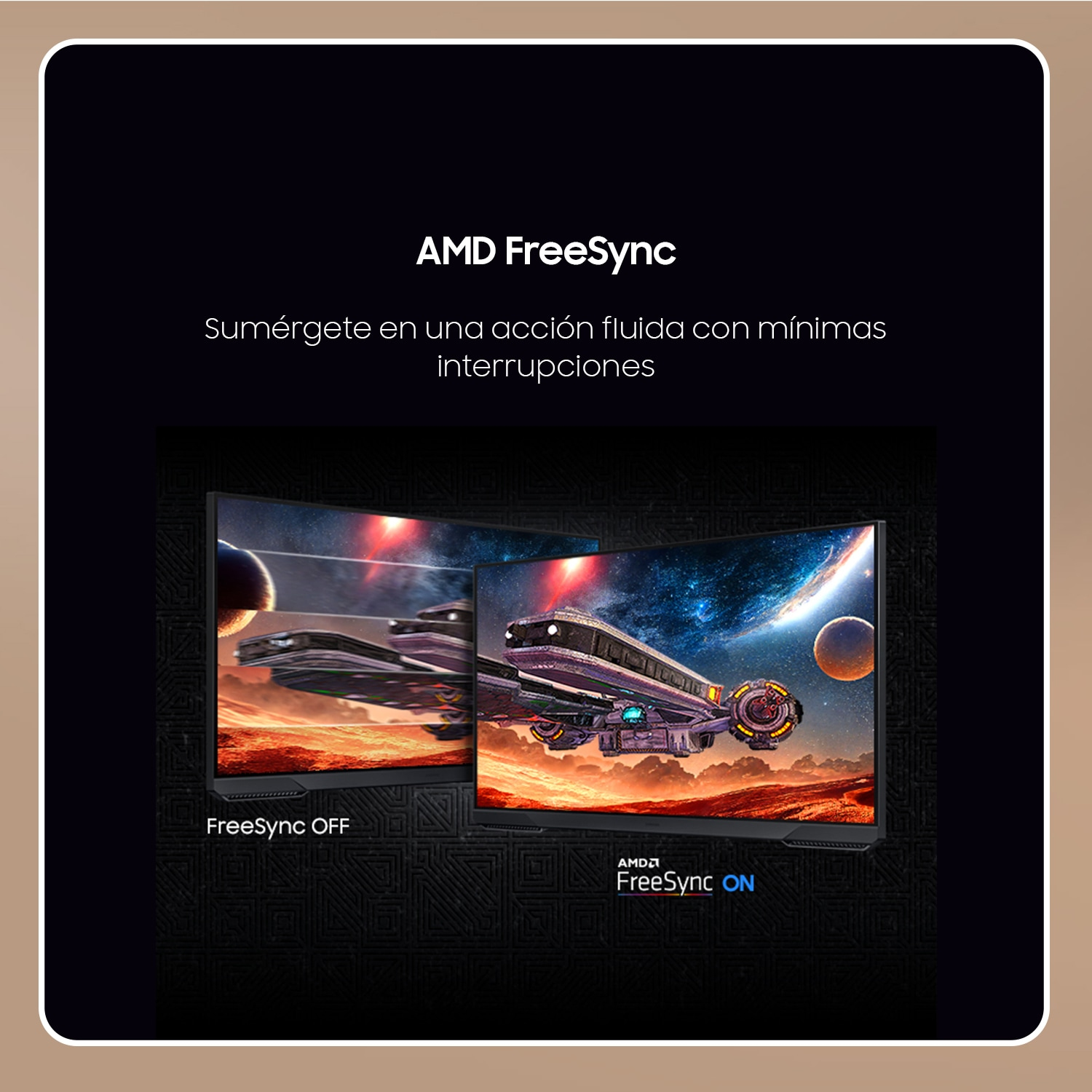 Obraz przedstawia dwa monitory z kosmicznymi scenami. Jeden oznaczony 'FreeSync OFF', drugi 'FreeSync ON', z logo AMD FreeSync.