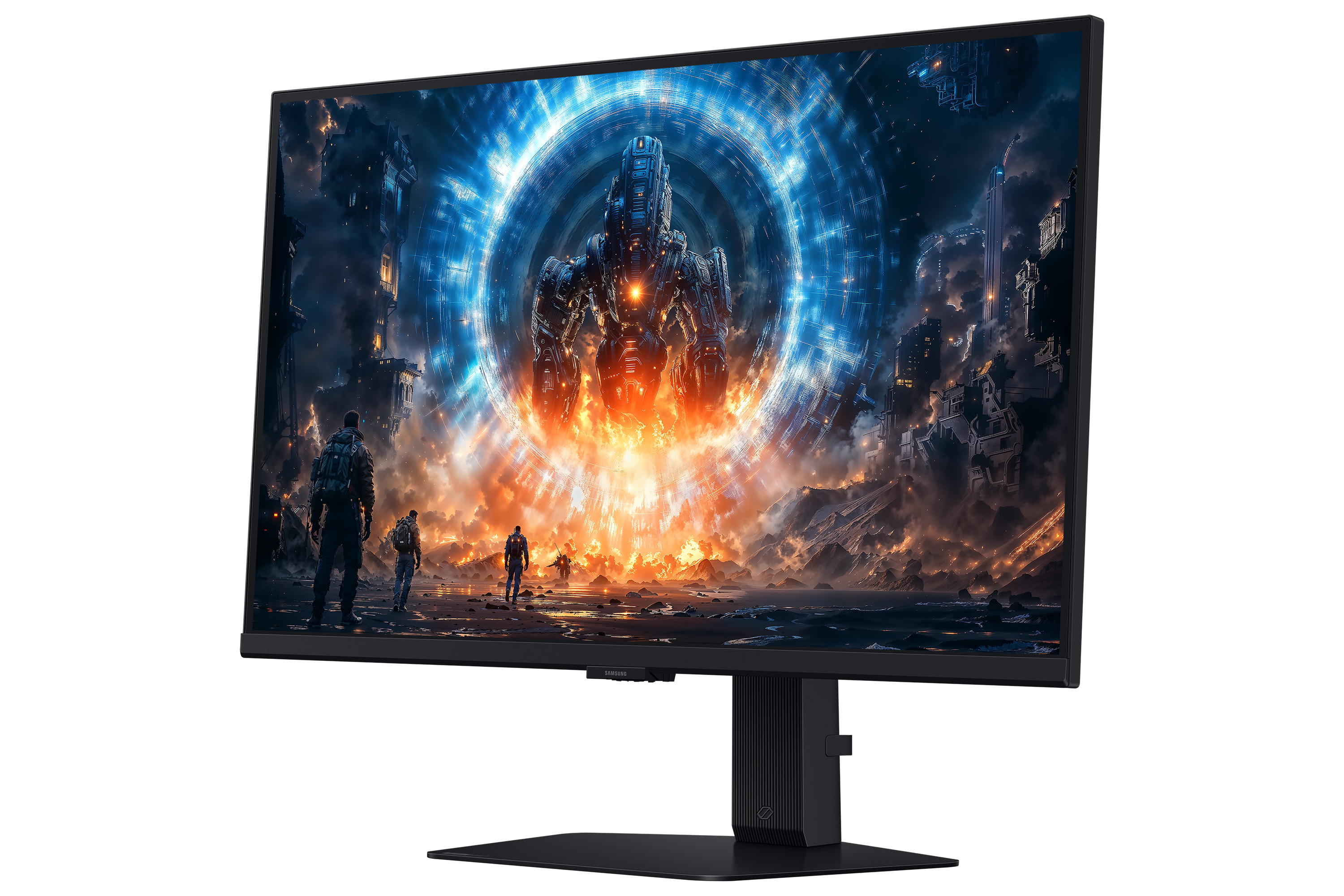 Ein Monitor zeigt eine Science-Fiction-Szene mit Figuren, einem Roboter und einer portalartigen Struktur. Der Bildschirm ist dunkel, schwarz umrahmt.