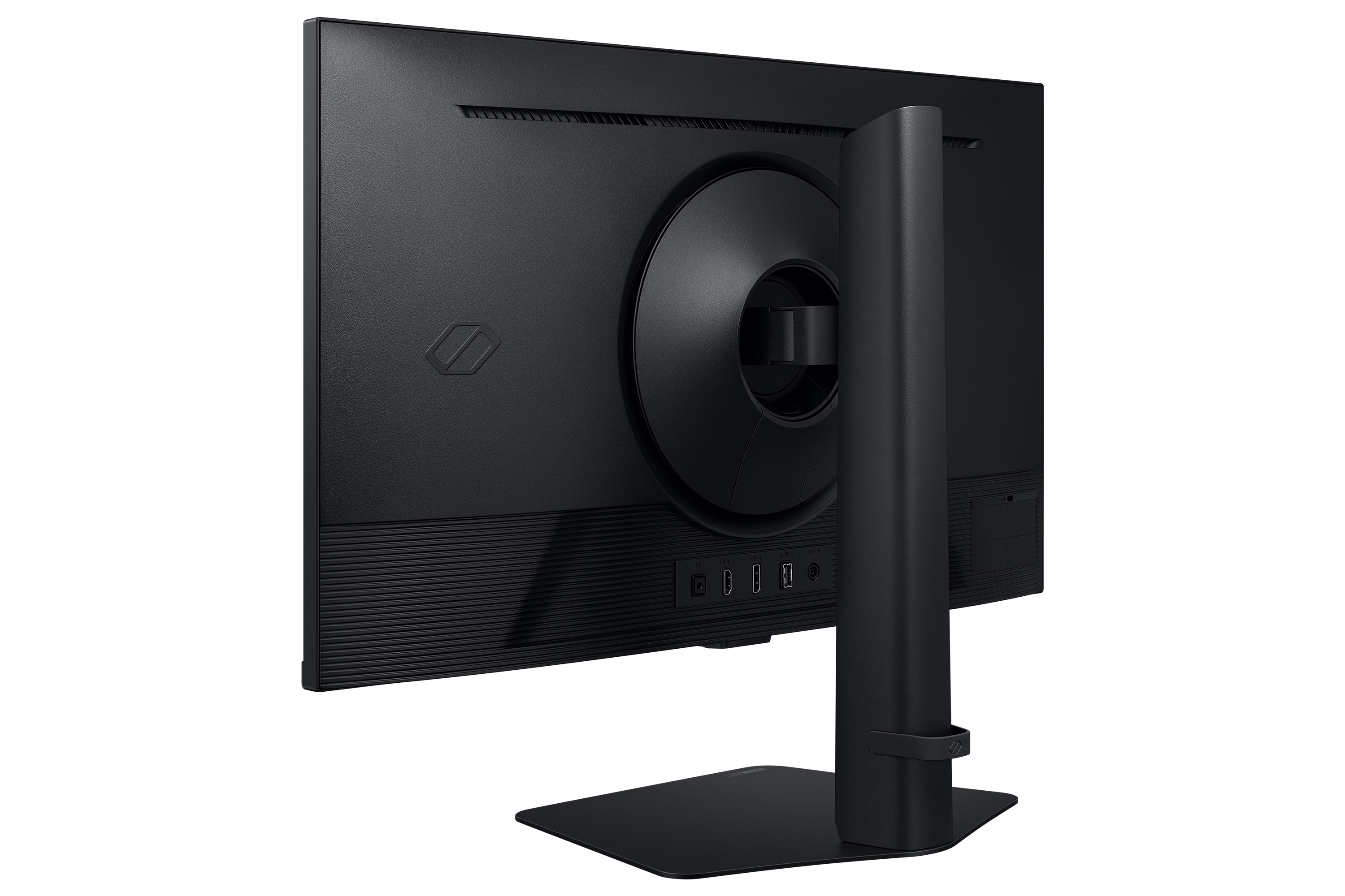 Ein schwarzer Computermonitor mit Ständer. Die Rückseite des Monitors zeigt zum Betrachter.
