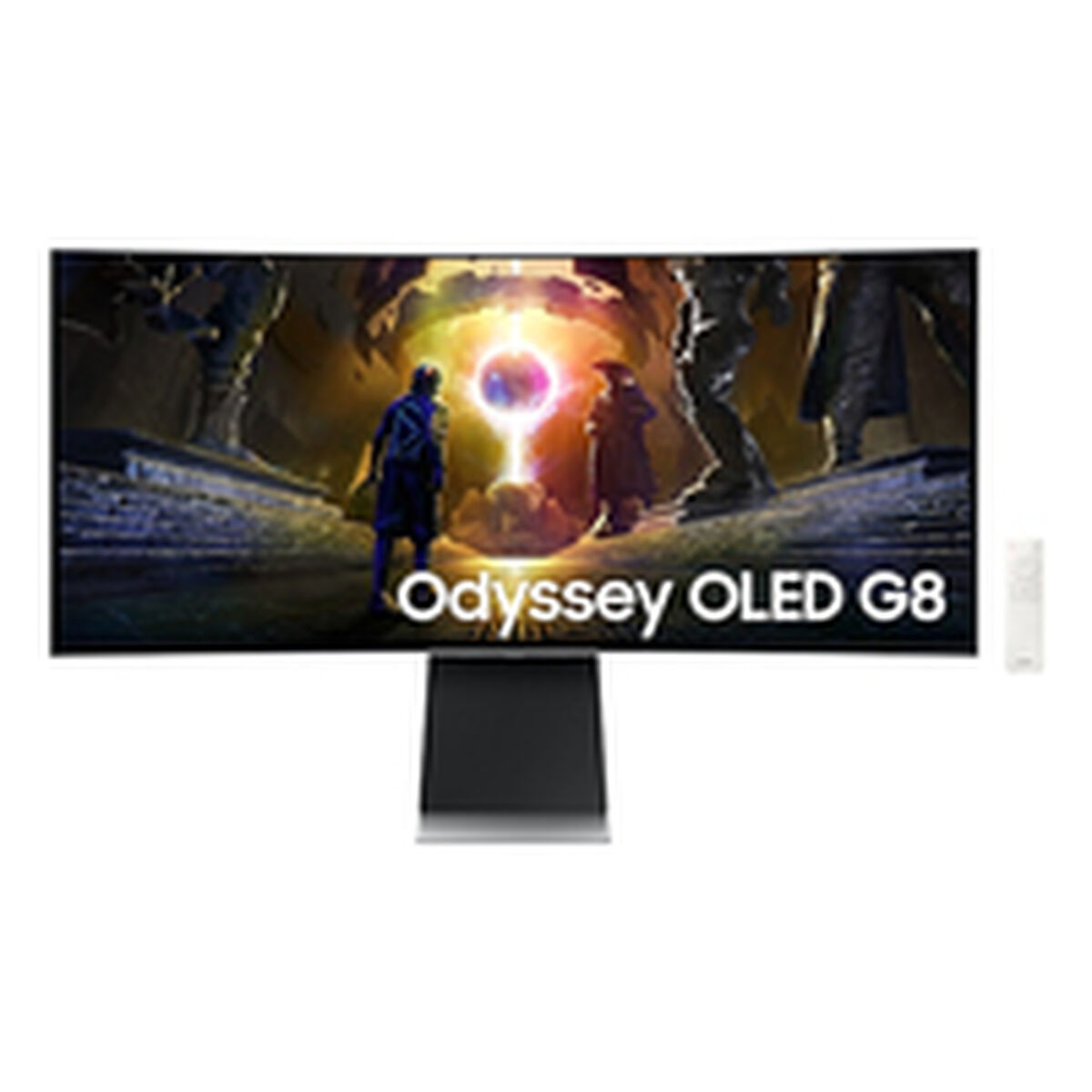 Zakrzywiony monitor Samsung Odyssey OLED G8. Wyświetla fantastyczną scenę z postaciami i świecącą kulą. Pilot obok.