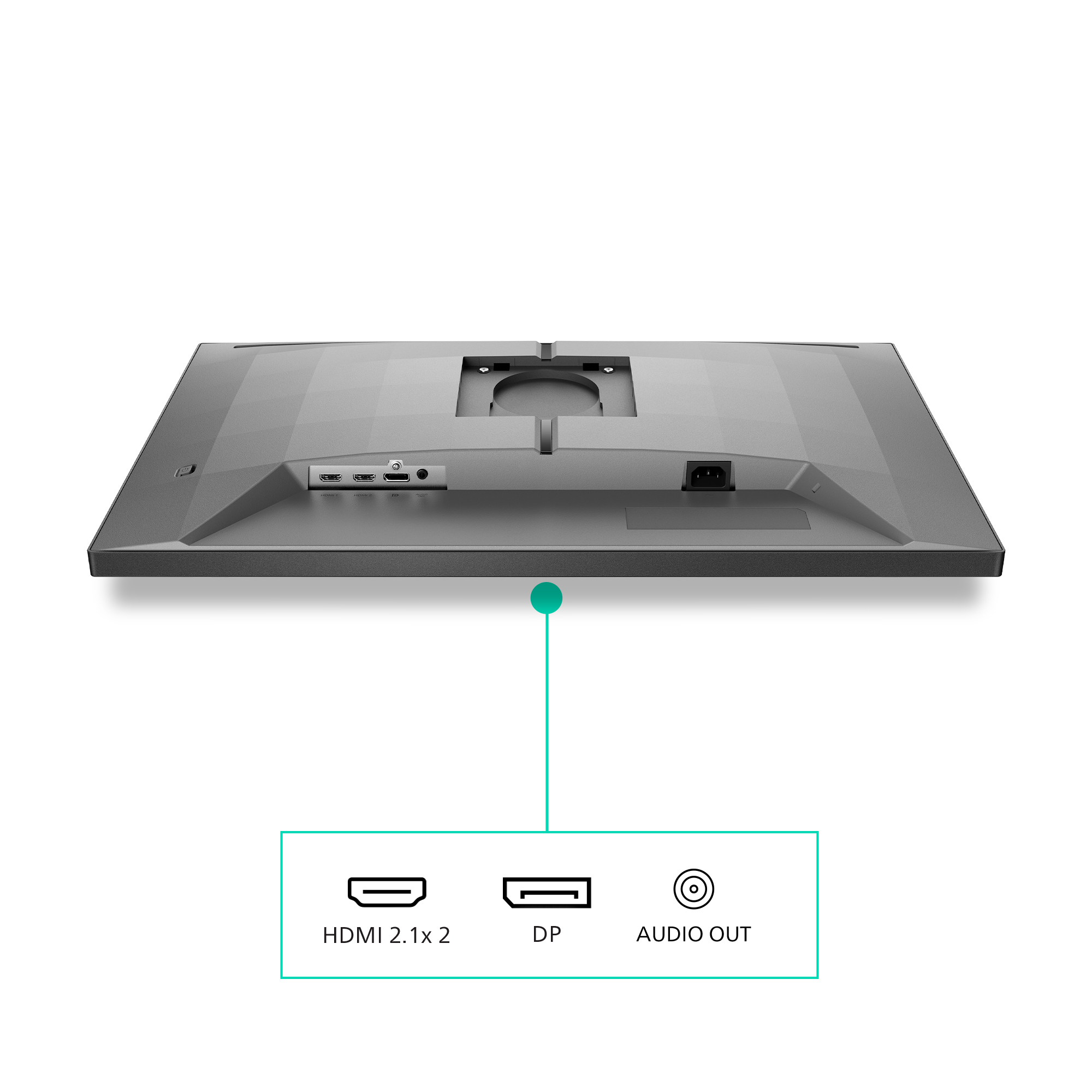 Tył szarego monitora z portami HDMI, DP i wyjściem audio. Poniższy schemat opisuje te porty.