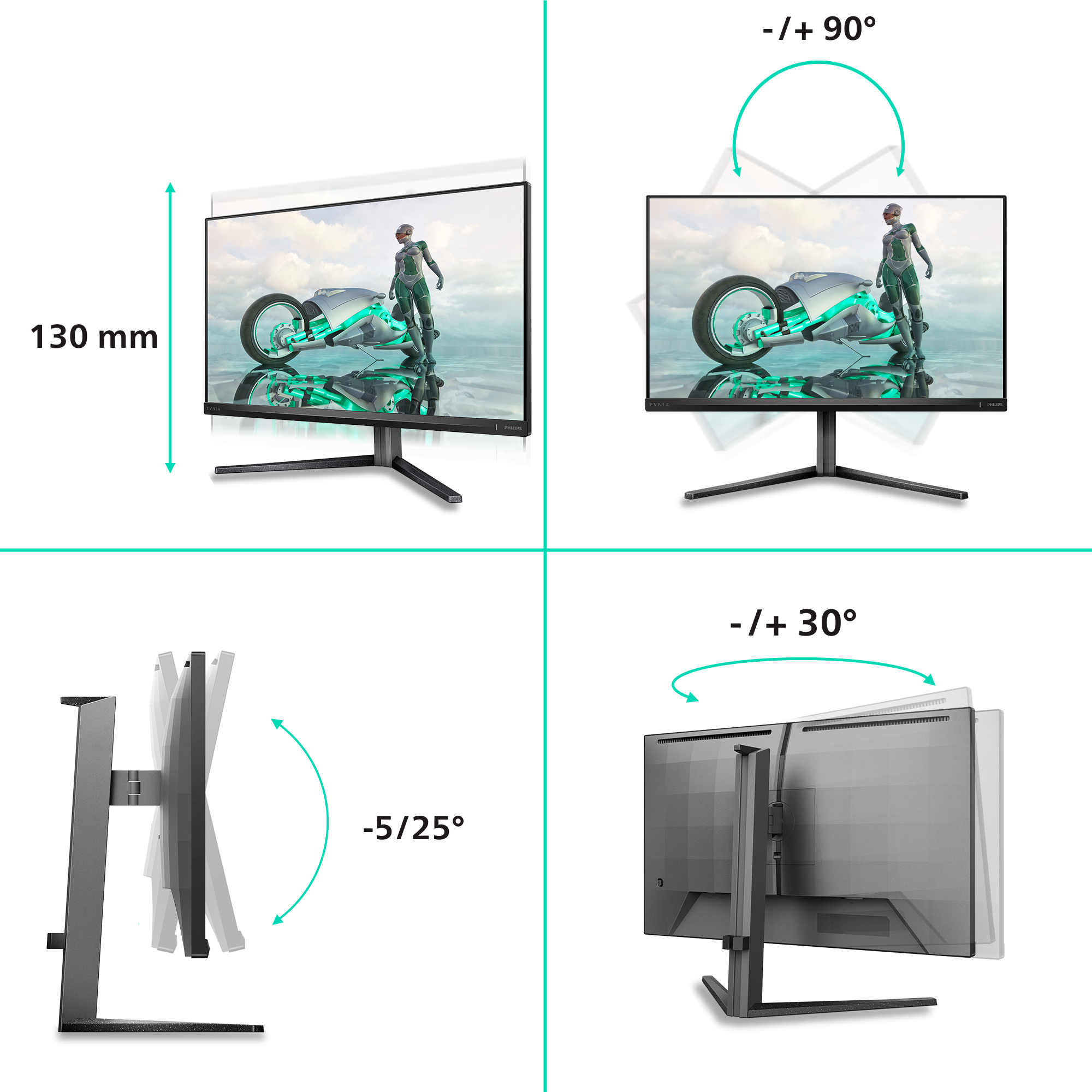Monitor o futurystycznym designie. Pokazuje kąty obrotu ekranu: -/+90°, -/+30°, -5/25°. Wyświetla futurystyczny pojazd.
