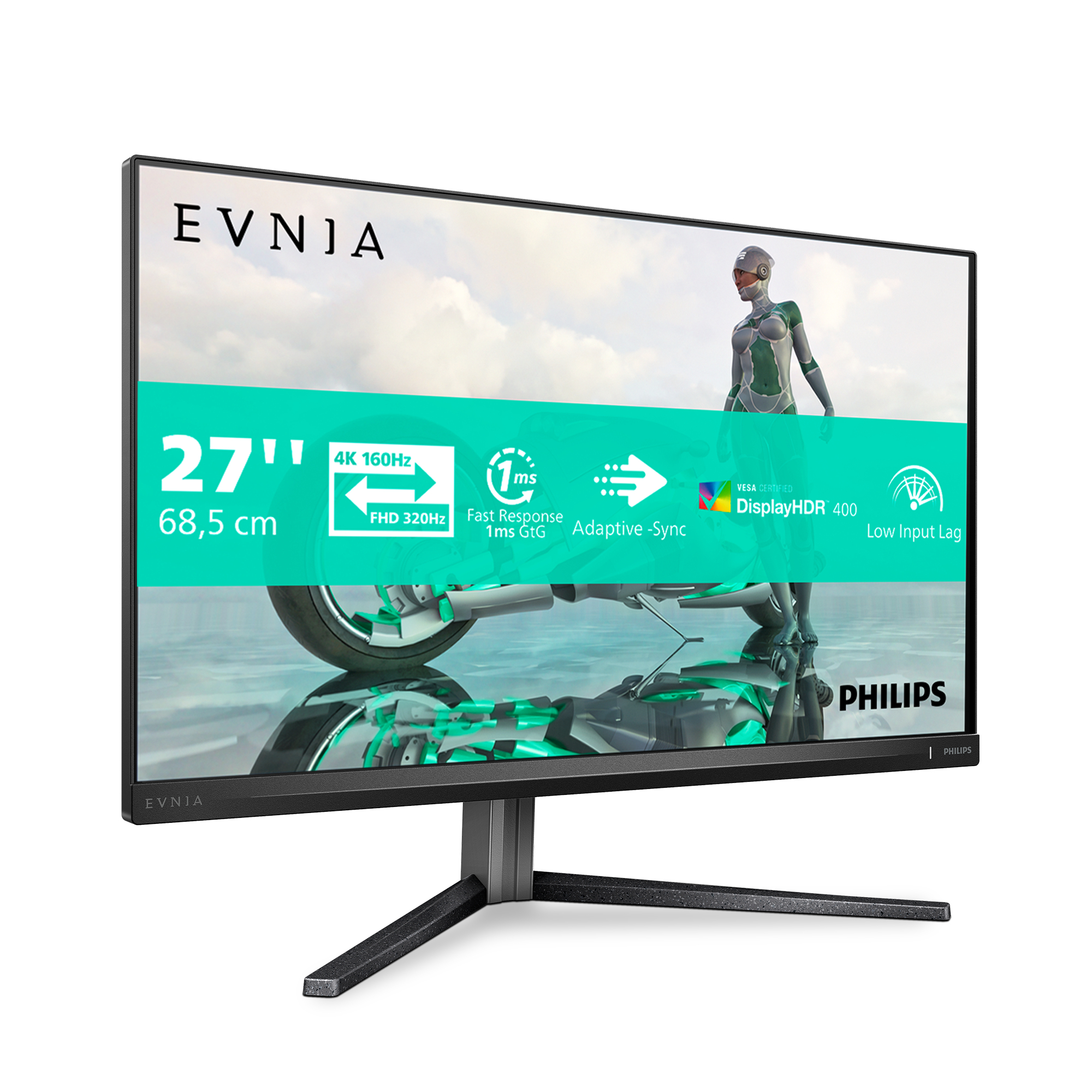 Monitor Philips EVNIA wyświetla futurystyczną scenę z kobietą w kombinezonie. Specyfikacje: 4K, 160Hz i czas reakcji 1ms.