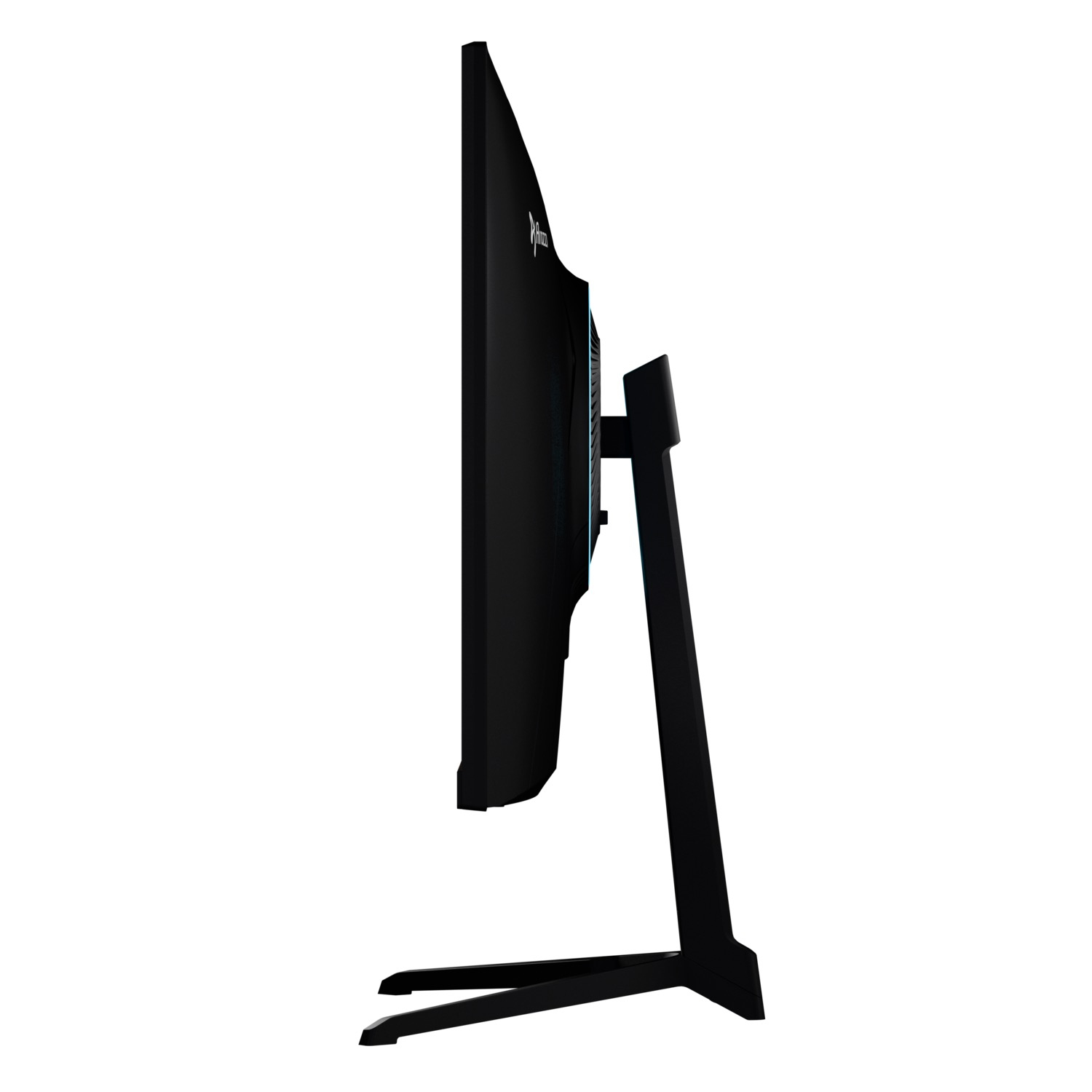 Czarny zakrzywiony monitor komputerowy. Ma podstawę. Tło jest białe.