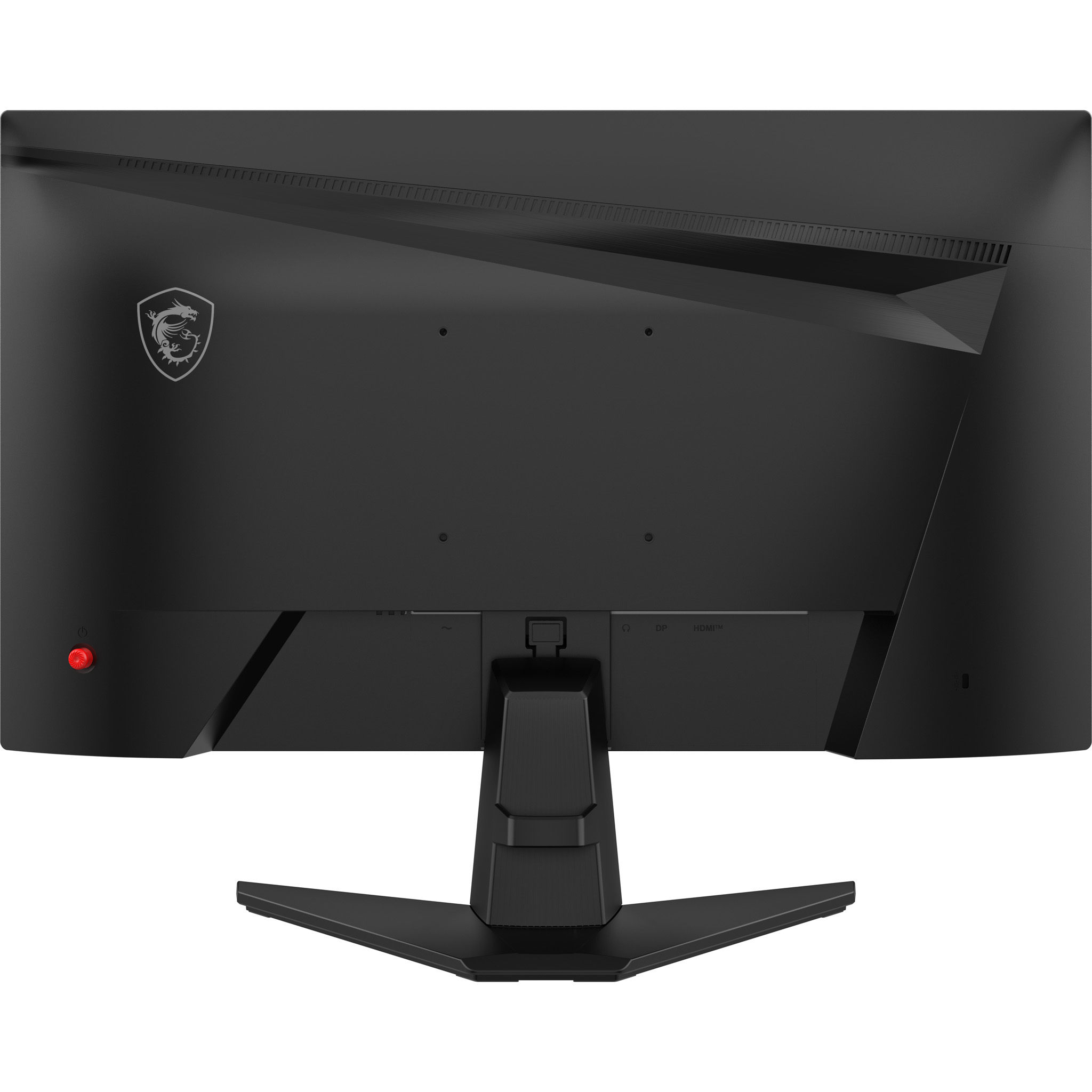 De achterkant van een zwarte MSI monitor met een standaard wordt getoond. Het heeft een drakenlogo en diverse poorten.