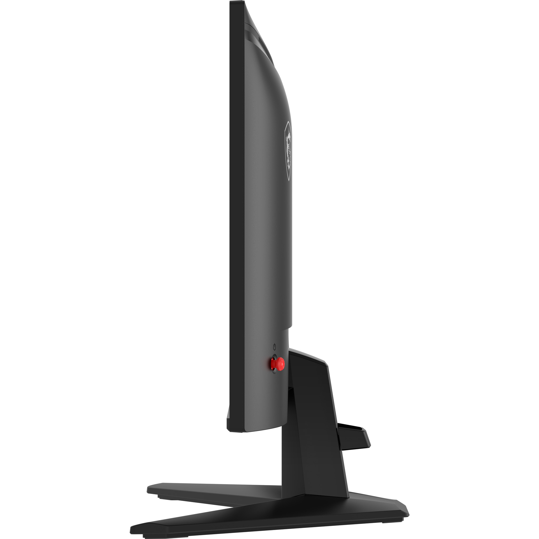Zijaanzicht van een zwarte computermonitor op een witte achtergrond. Het heeft een rode knop en een zwarte standaard.