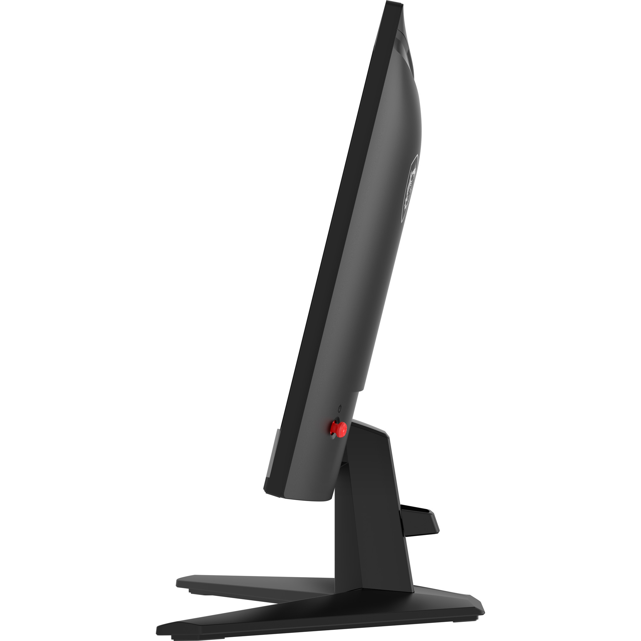 Zijaanzicht van een zwarte computermonitor. Het heeft een rode aan/uit-knop. De basis is ook zwart.