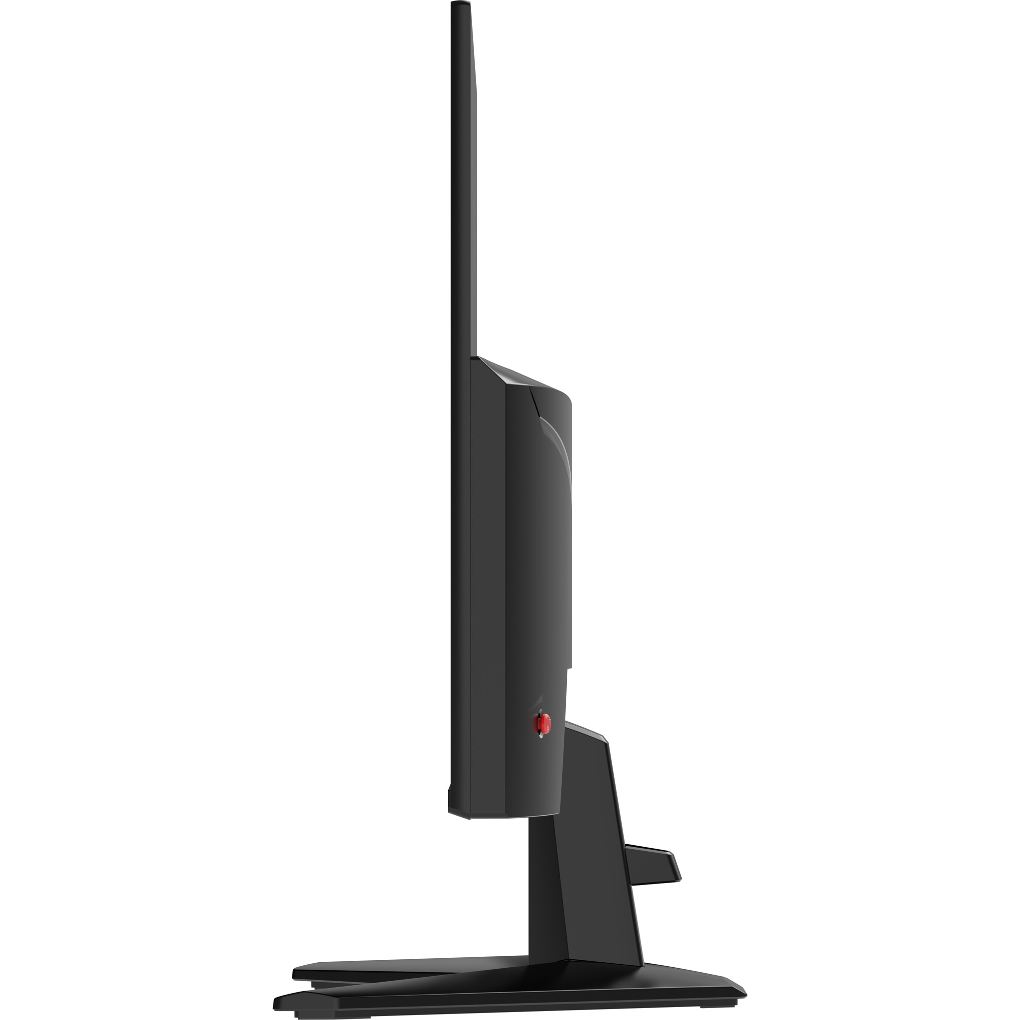 Widok z boku czarnego monitora komputerowego. Ma podstawę, czerwony przycisk i cienką ramkę. Tło jest białe.