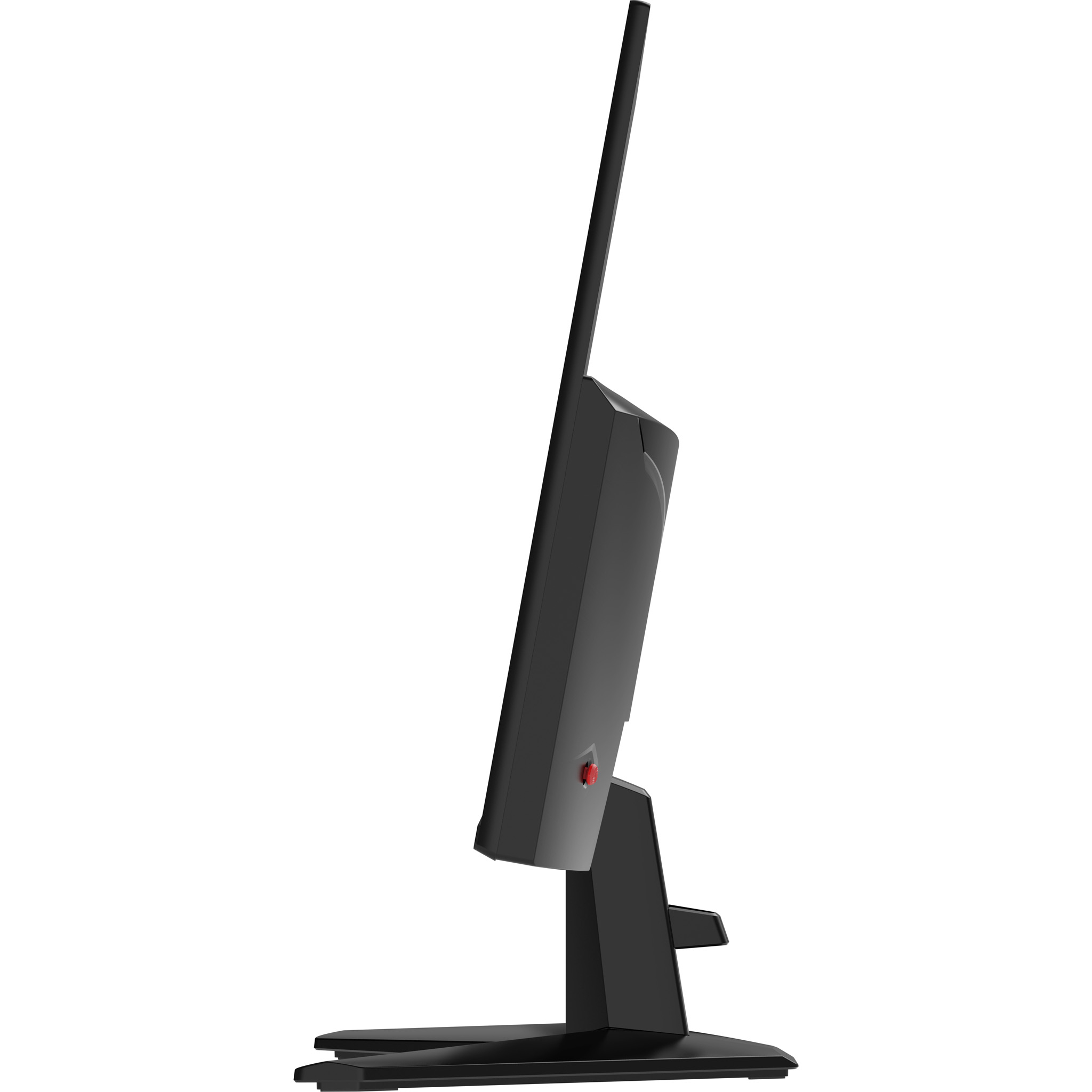 Widok z boku czarnego monitora komputera. Ma podstawkę i cienką ramkę. Czerwony przycisk jest widoczny z boku.