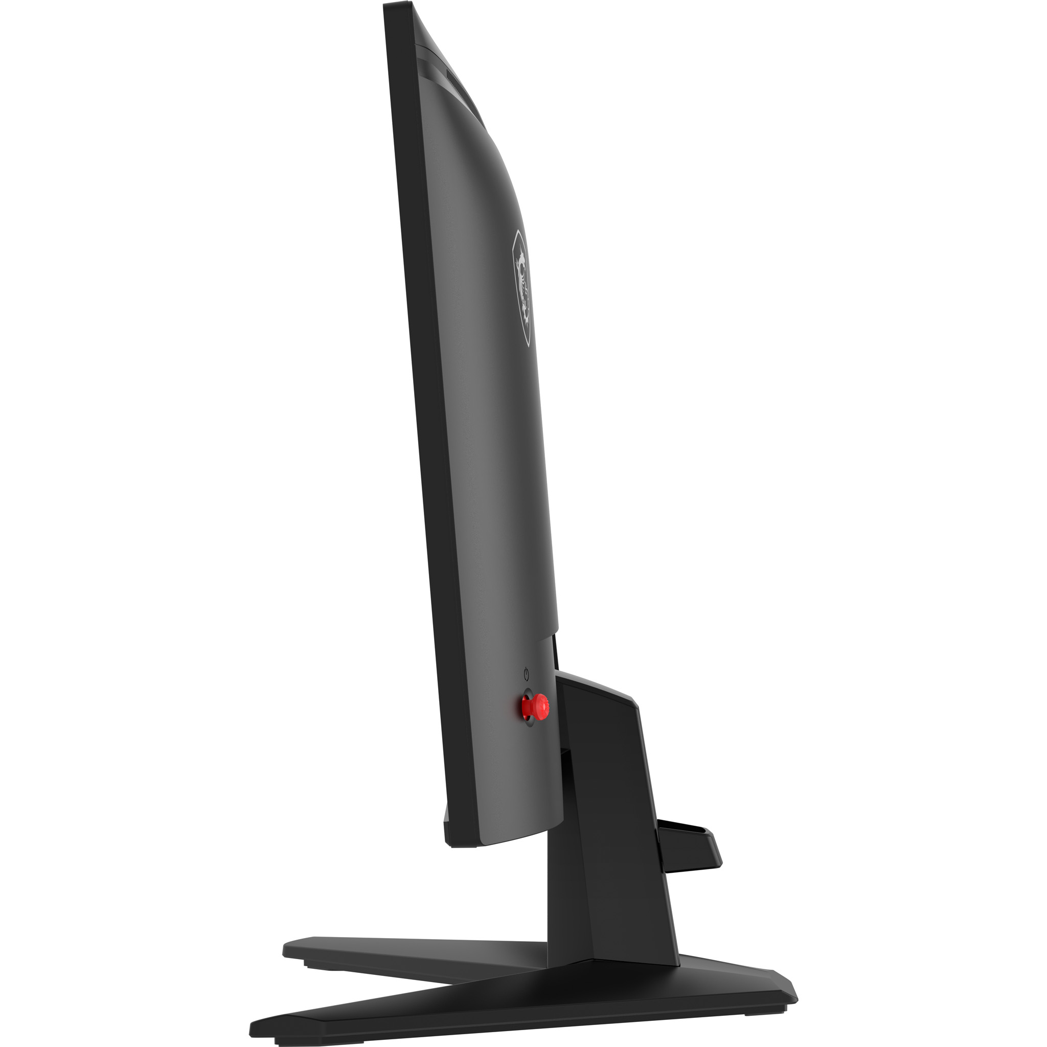 Een zwarte computermonitor met een rode knop aan de zijkant, van opzij bekeken.