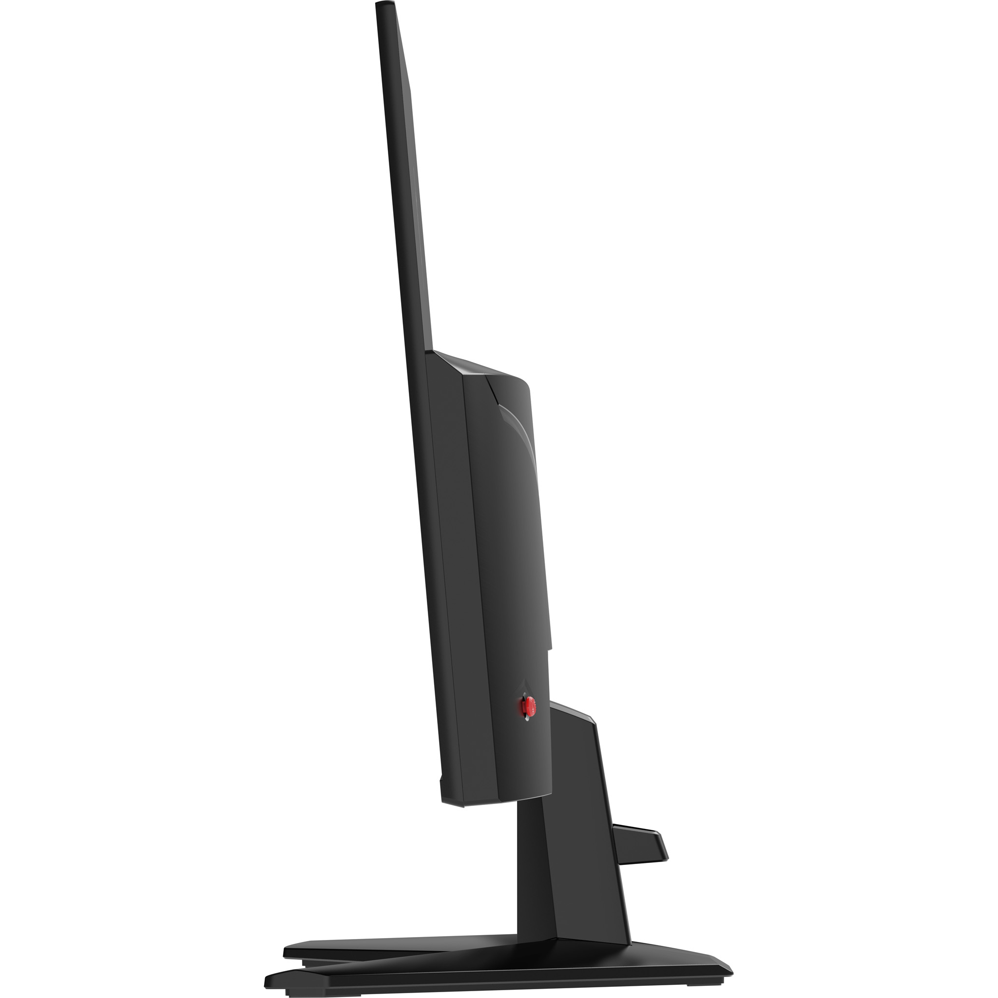 Czarny monitor komputera z boku. Ma czerwony przycisk i czarną podstawę.