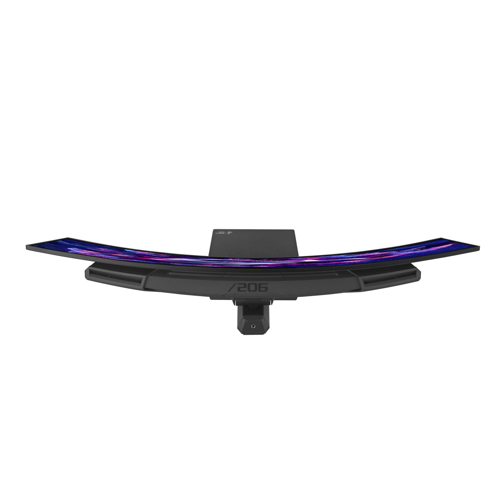 Zakrzywiony czarny monitor z fioletowo-niebieskim wyświetlaczem, na dole numer 206 i podstawka.