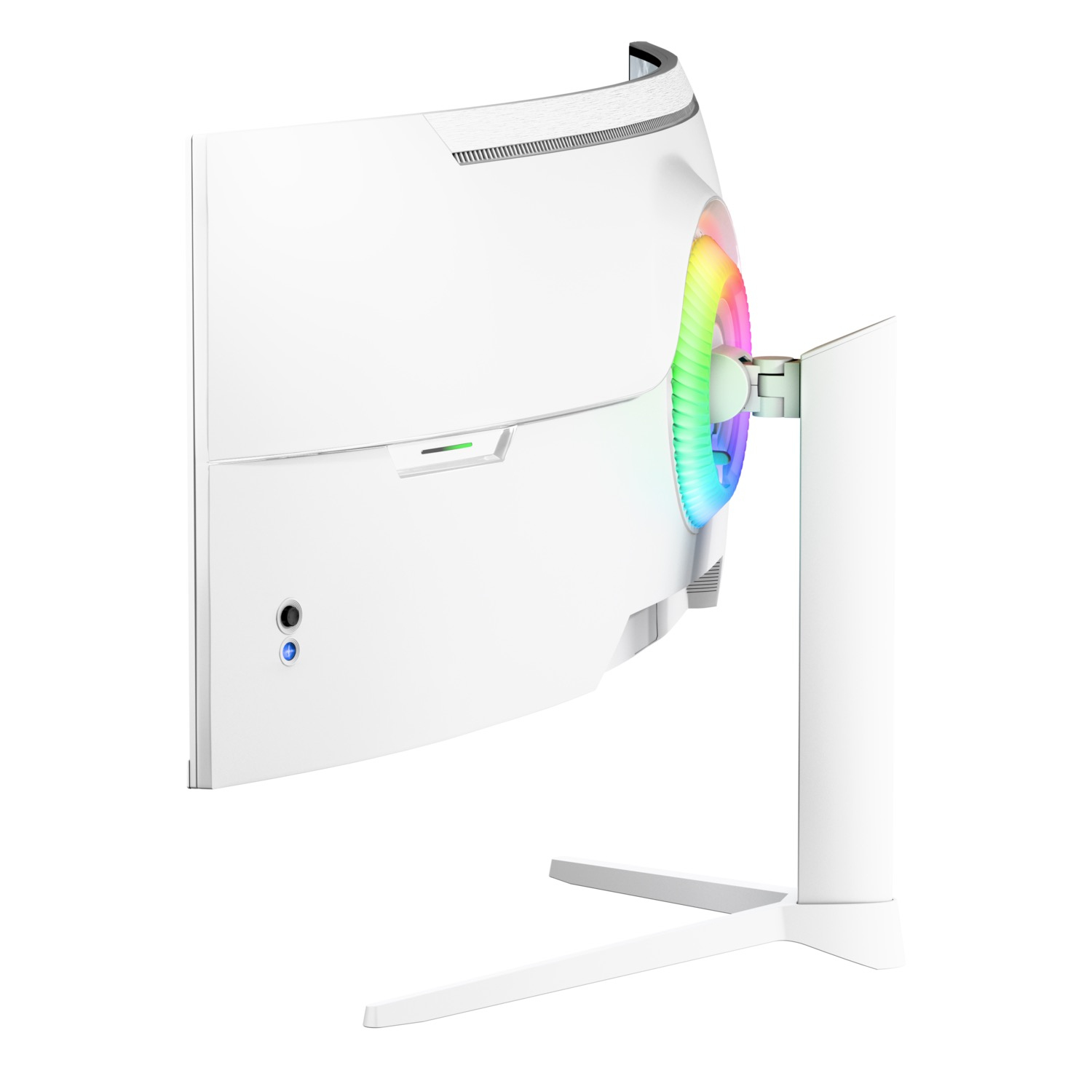 Zakrzywiony biały monitor komputerowy. Posiada kolorowy pierścień świetlny i podstawkę. Monitor jest na białym tle.
