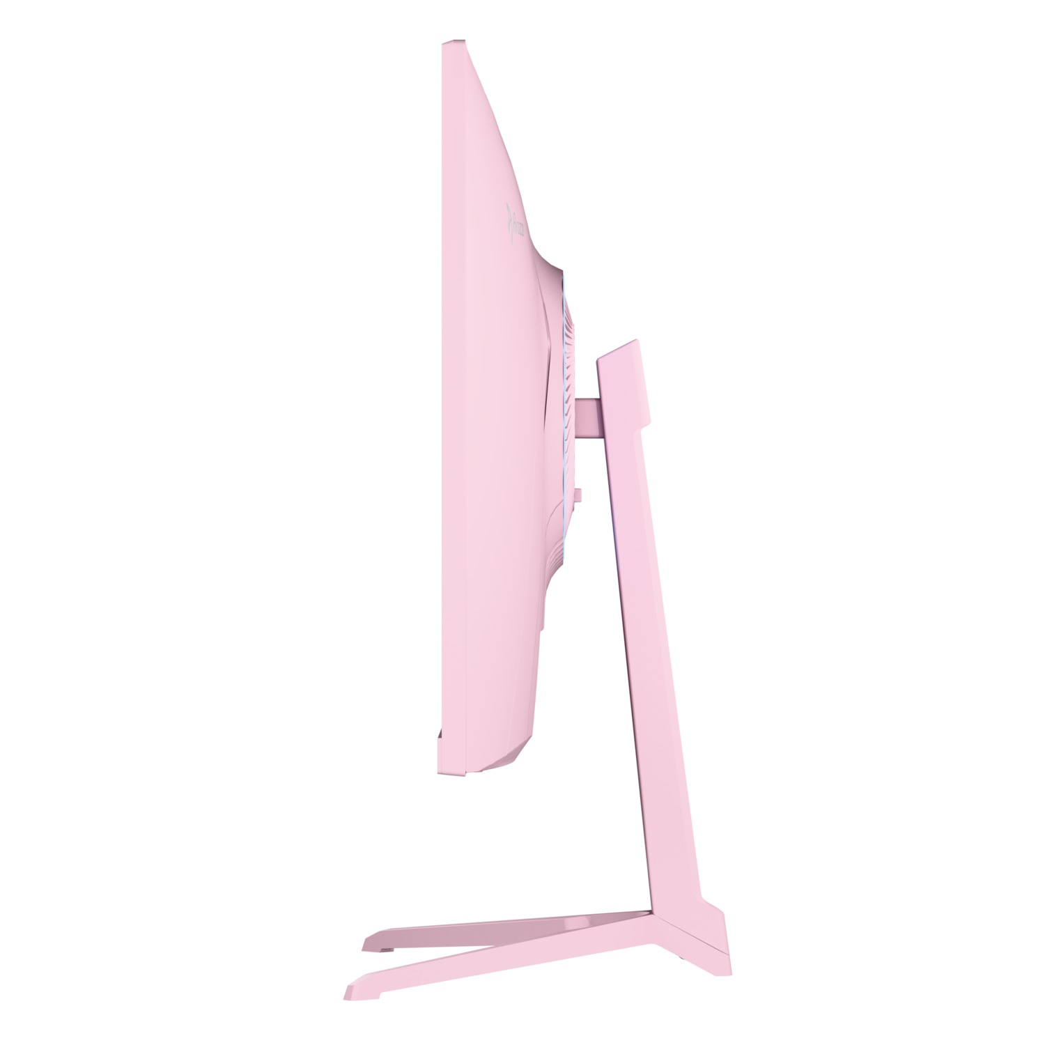 Widok z boku różowego monitora komputerowego na pasującym stojaku. Monitor i stojak są w kolorze jasnoróżowym, na białym tle.