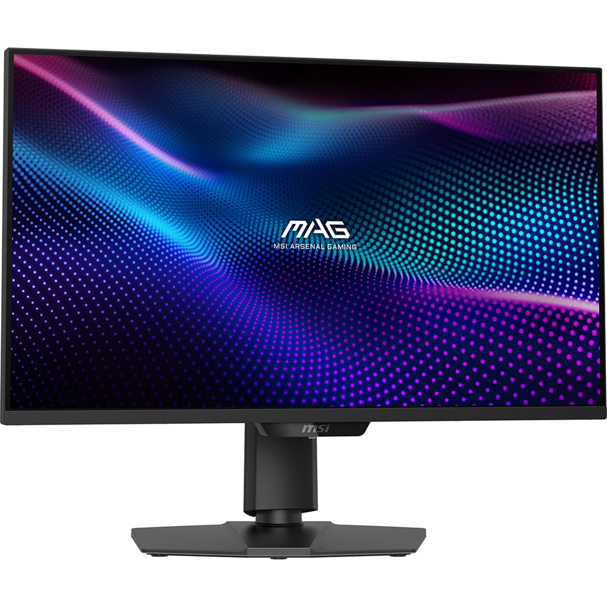Monitor do gier MSI z czarną ramką i podstawą. Ekran wyświetla kolorowy, abstrakcyjny wzór kropek.