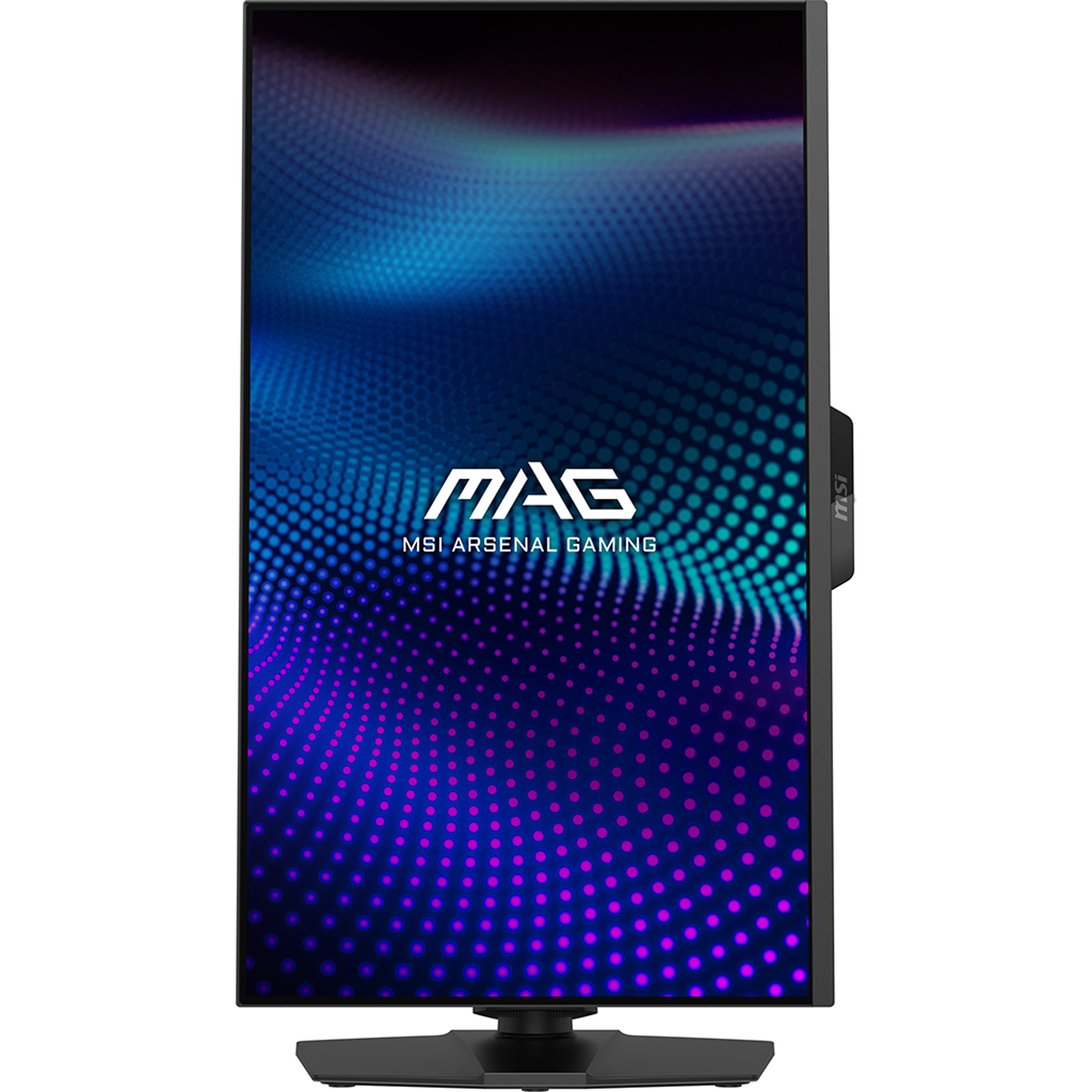 Czarny monitor gamingowy MSI MAG. Ekran wyświetla niebieski i fioletowy wzór kropek z logo 'MAG MSI ARSENAL GAMING'.