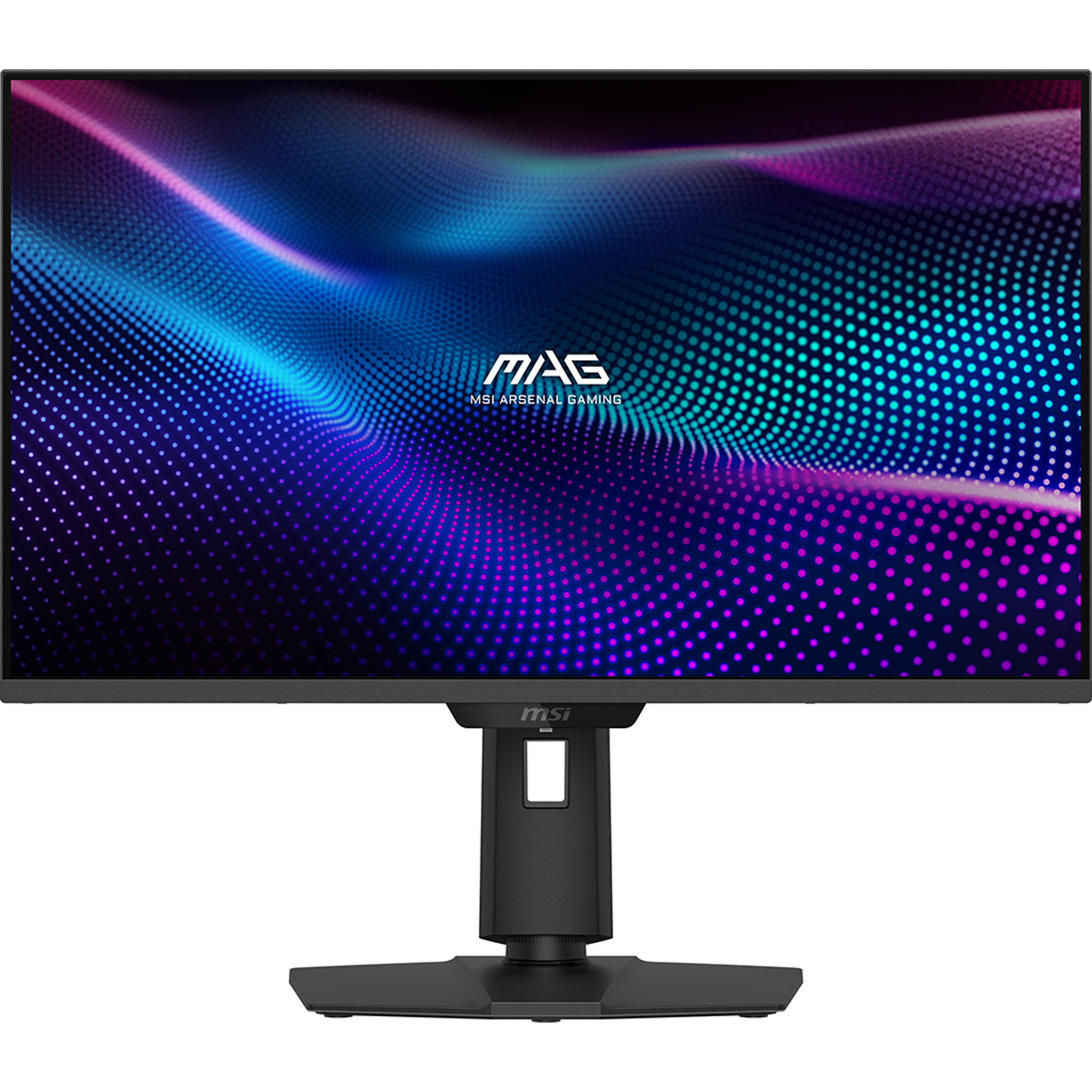 Monitor gamingowy MSI MAG, czarna ramka, z ekranem wyświetlającym kolorowe abstrakcyjne kropki i linie. Stojak jest czarny.