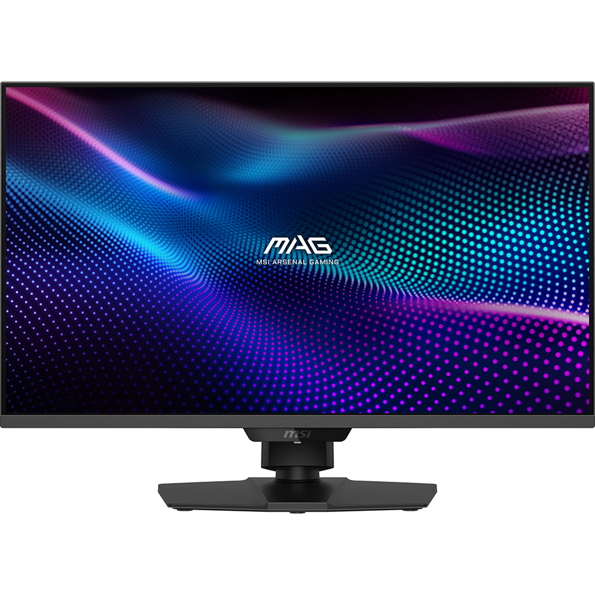 Monitor MSI z serii MAG. Czarna ramka, podstawa. Ekran wyświetla abstrakcyjny wzór w kolorze niebieskim, fioletowym i turkusowym z logo 'MAG'.