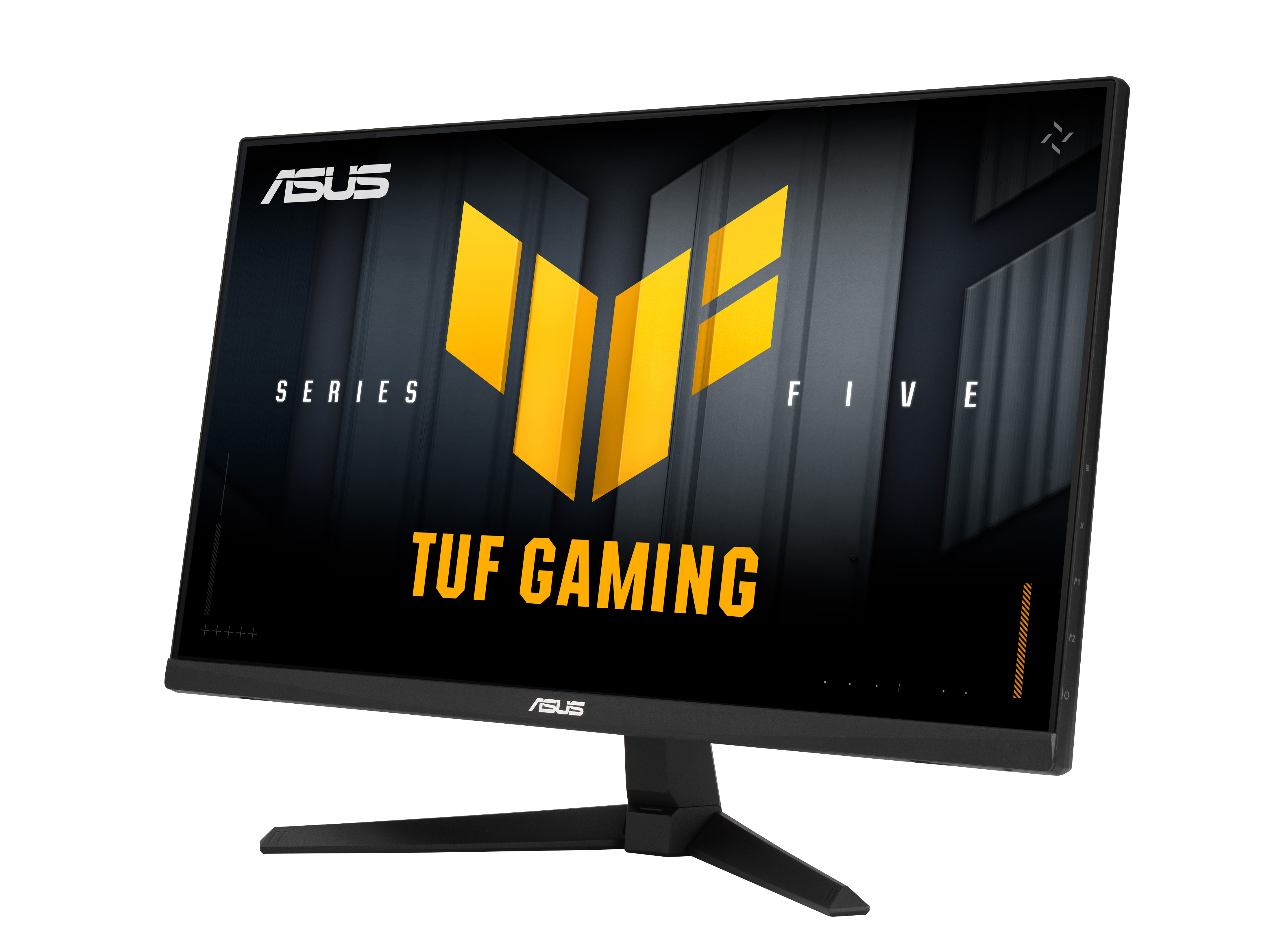 Monitor ASUS TUF Gaming. Czarna ramka, czarna podstawa. Wyświetlacz pokazuje logo i tekst: TUF GAMING. Widok pod kątem.
