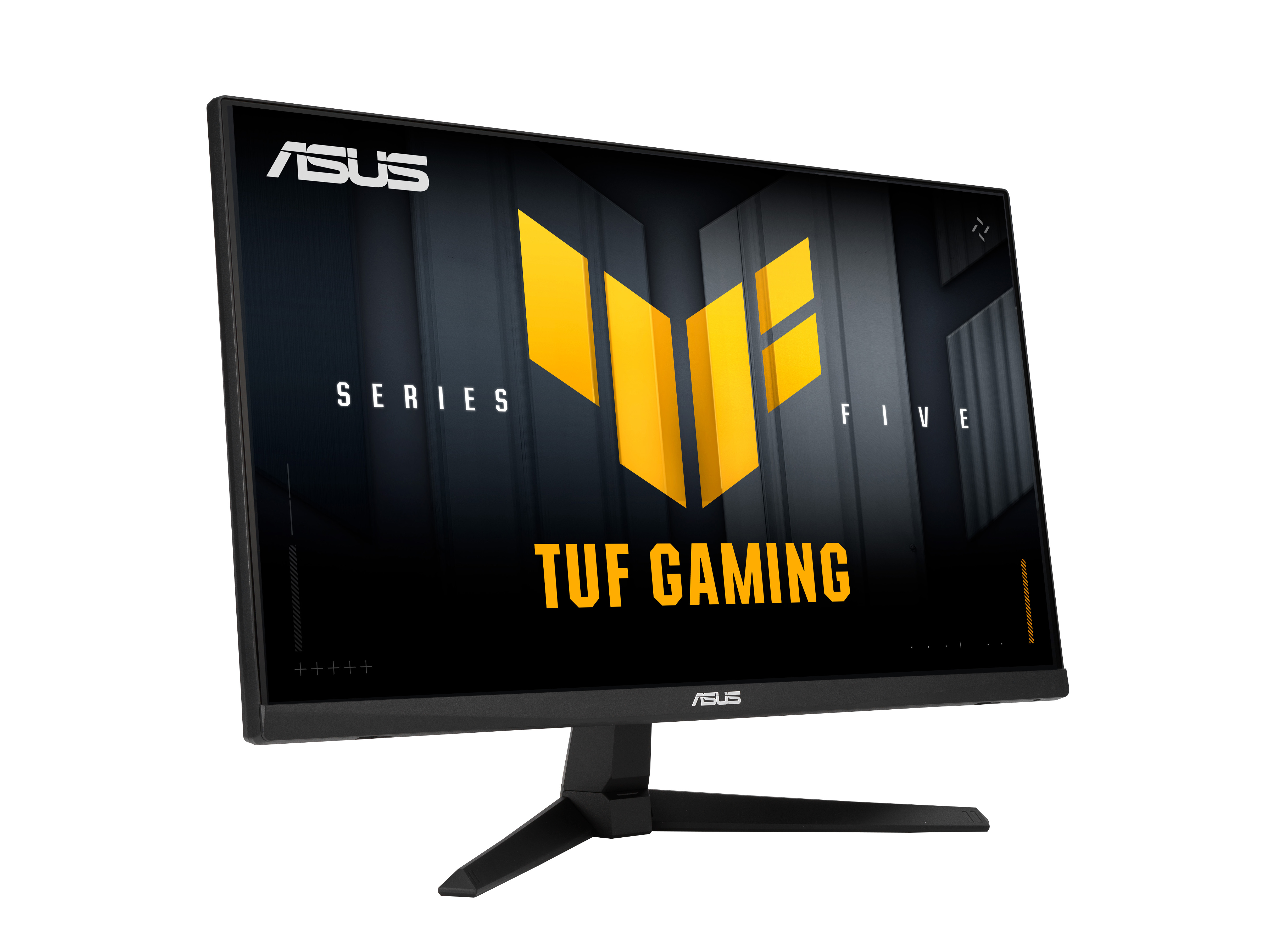 Monitor ASUS TUF Gaming. Ekran wyświetla logo TUF Gaming. Monitor jest czarny, ze stojakiem. Białe tło.