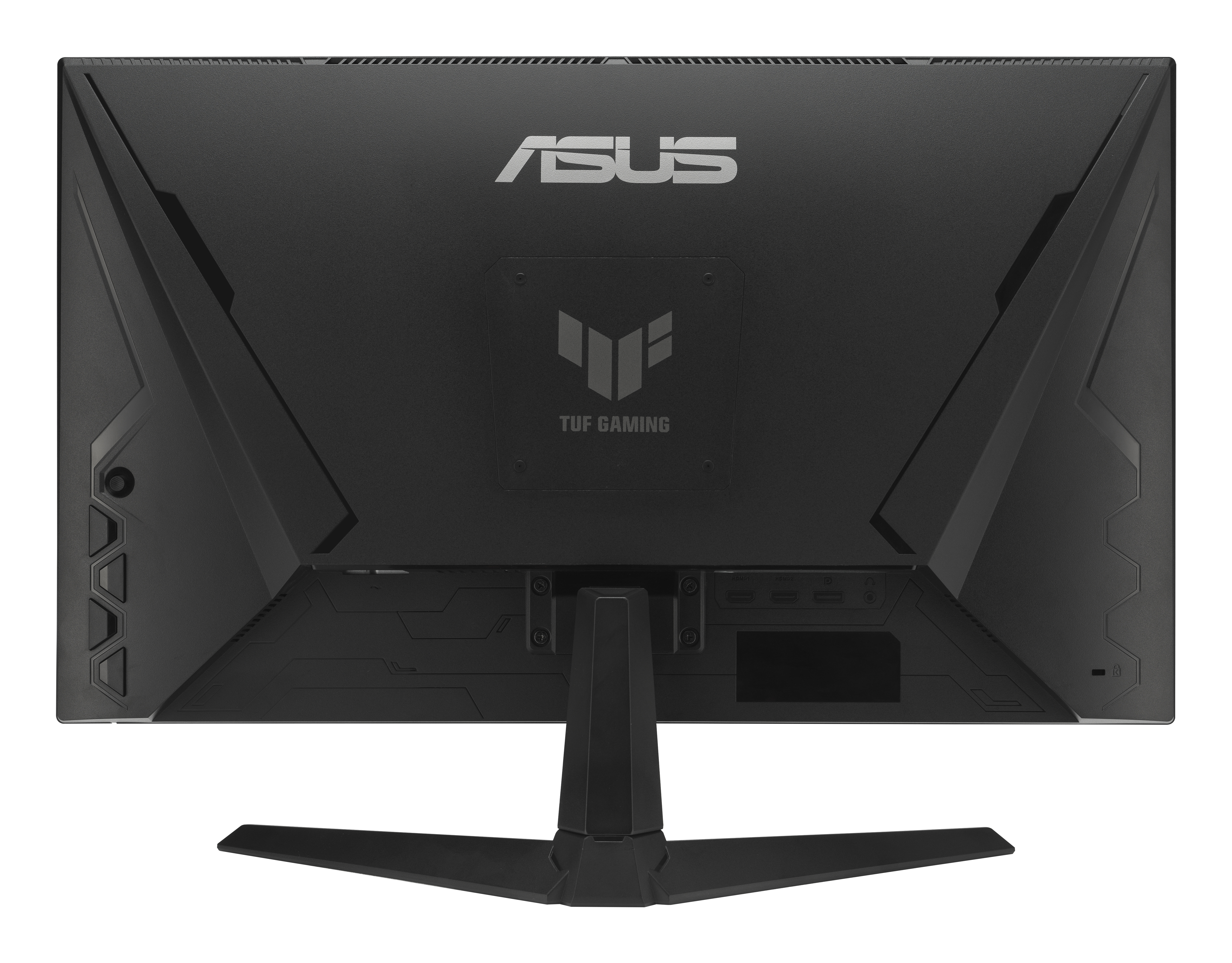 Tył czarnego monitora ASUS TUF Gaming. Posiada logo ASUS, markę TUF gaming i różne porty.