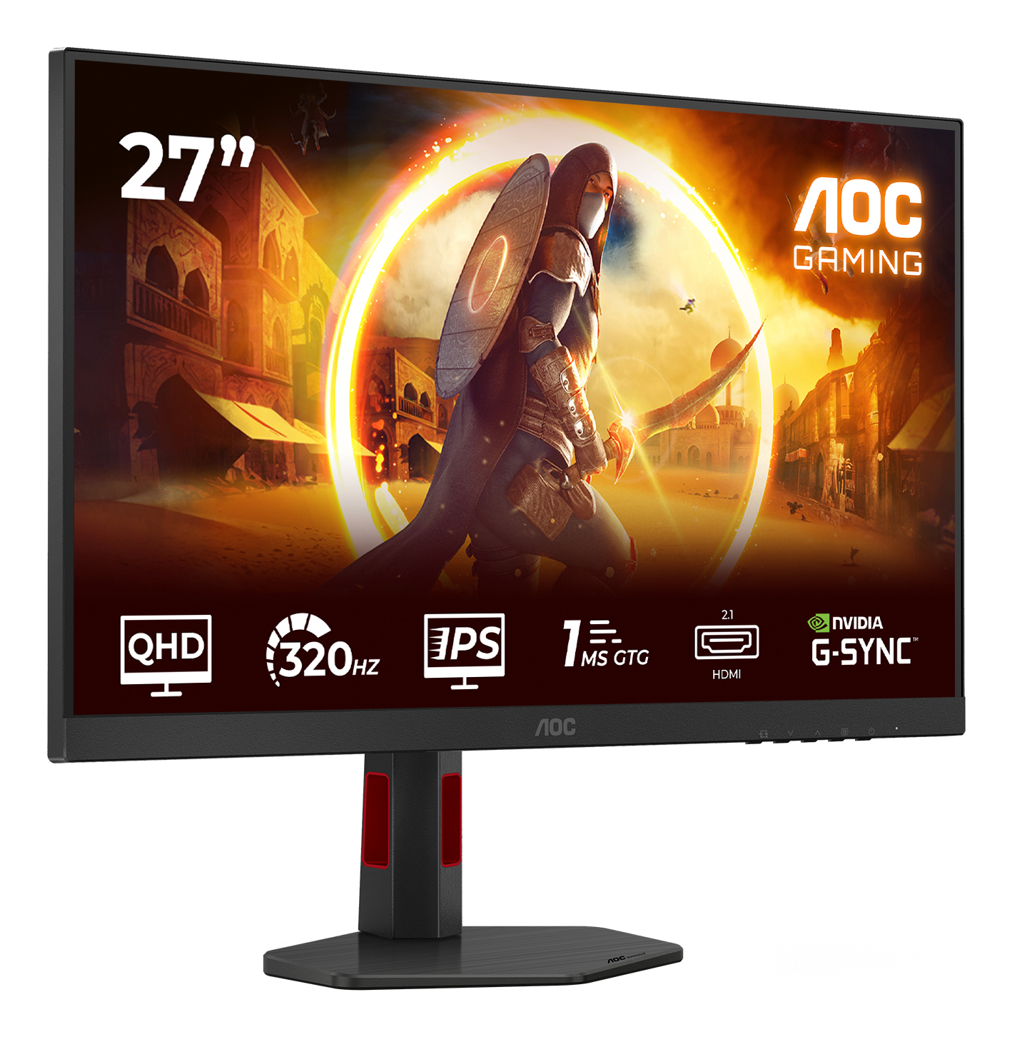 Monitor gamingowy AOC. Wyświetla wojownika z tarczą i mieczem. Funkcje: QHD, 320Hz, IPS, 1ms, HDMI i G-SYNC.