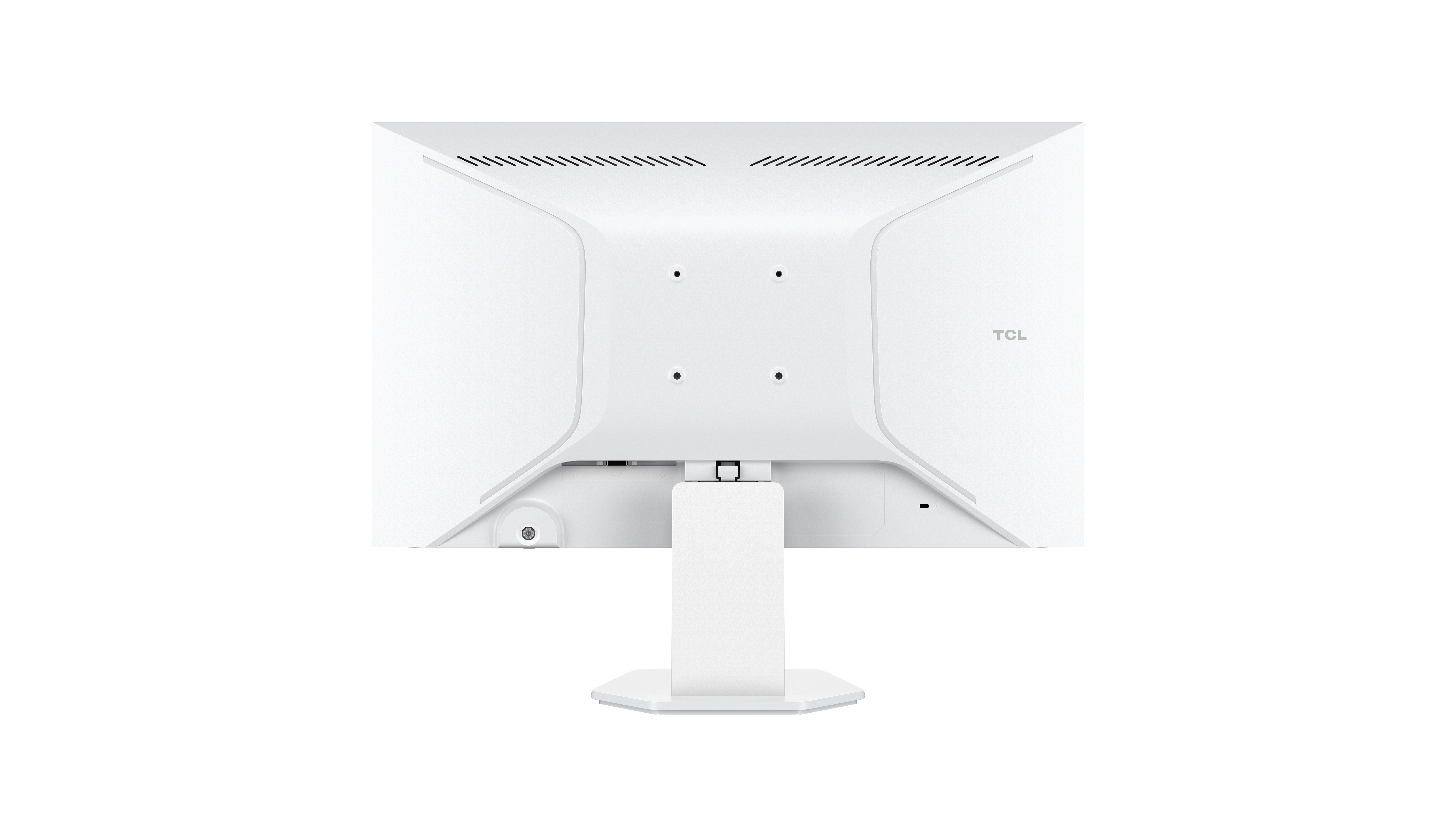Tył białego monitora TCL. Posiada otwory wentylacyjne, logo TCL i podstawę. Tło jest białe.