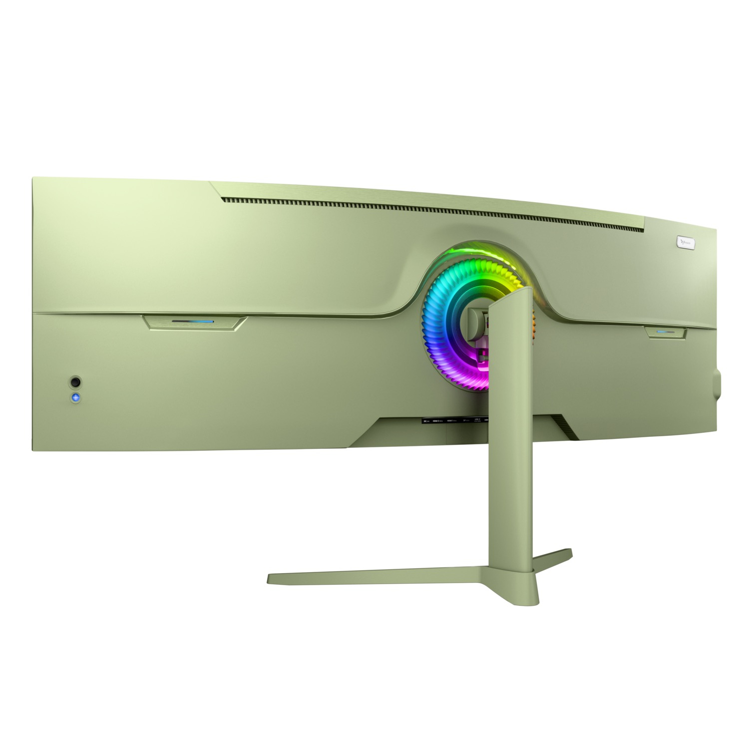 Zakrzywiony, jasnozielony monitor komputerowy jest pokazany od tyłu. Ma centralną, tęczową funkcję świetlną i podstawkę.