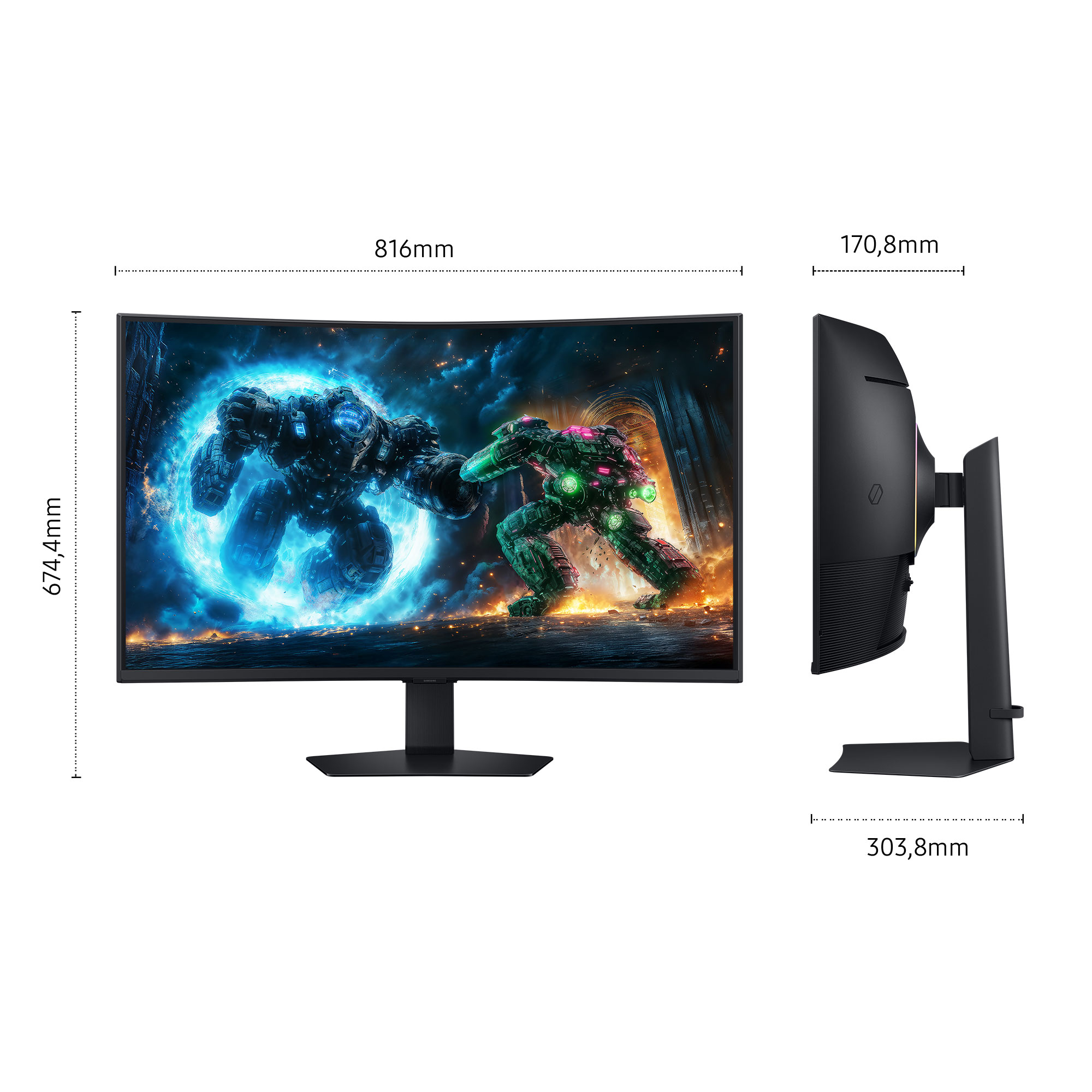 A curved monitor with a futuristic game scene on screen. Black monitor with dimensions listed.