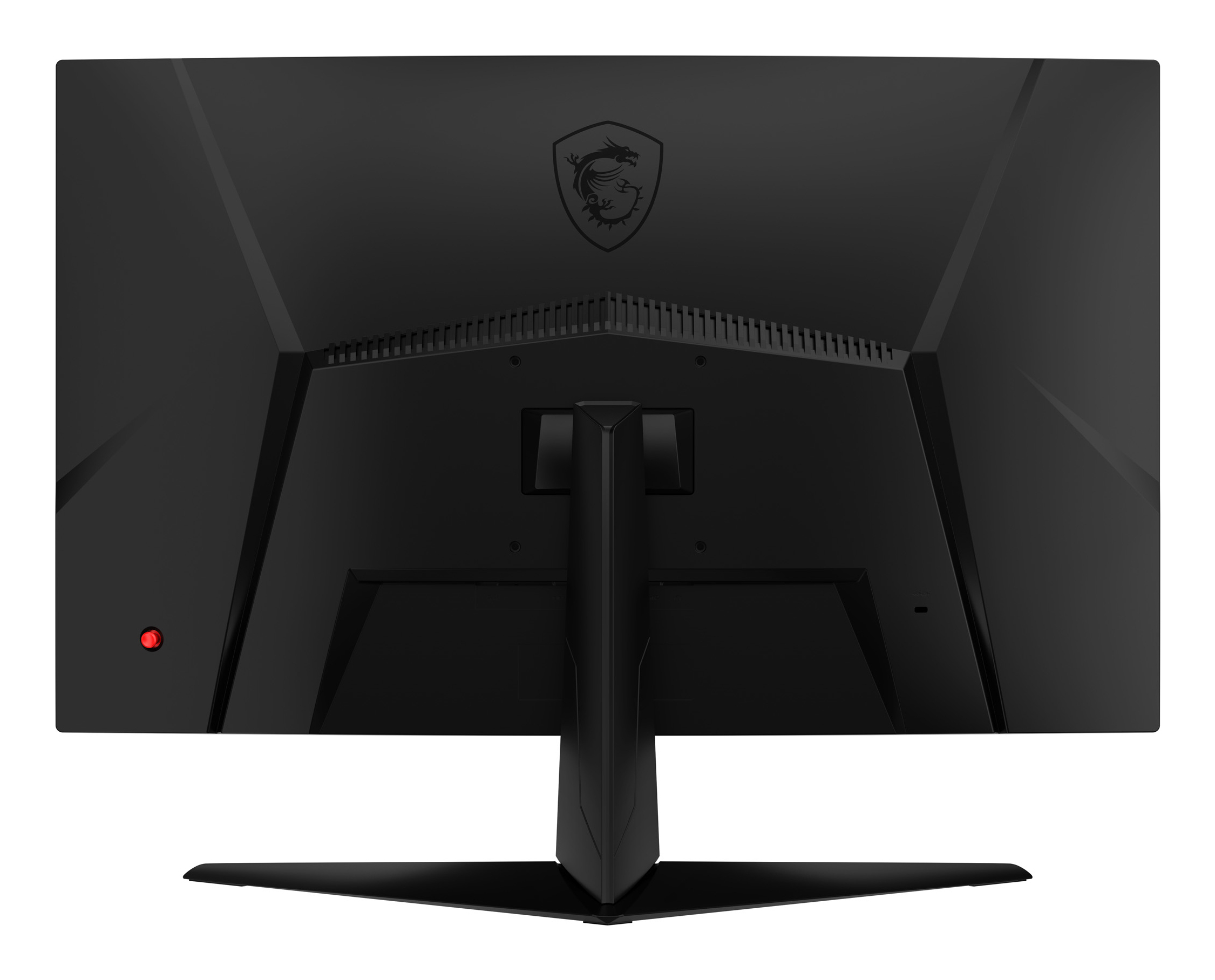 Parte trasera de un monitor negro. Logo MSI arriba. Luz roja de encendido a la izquierda. Soporte adjunto.