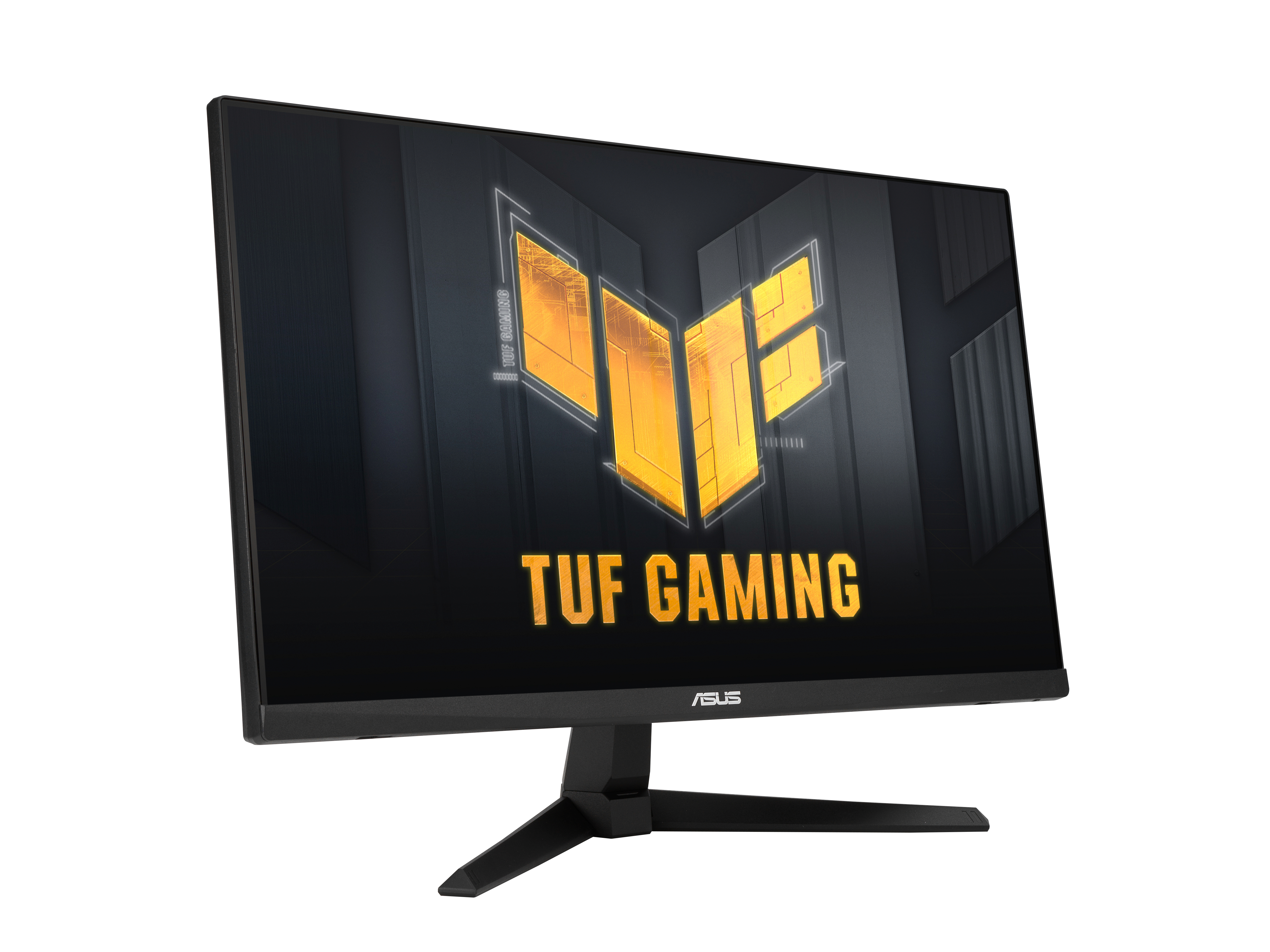 Monitor ASUS TUF Gaming. Czarna ramka, czarna podstawa i ekran z logo TUF Gaming na białym tle.