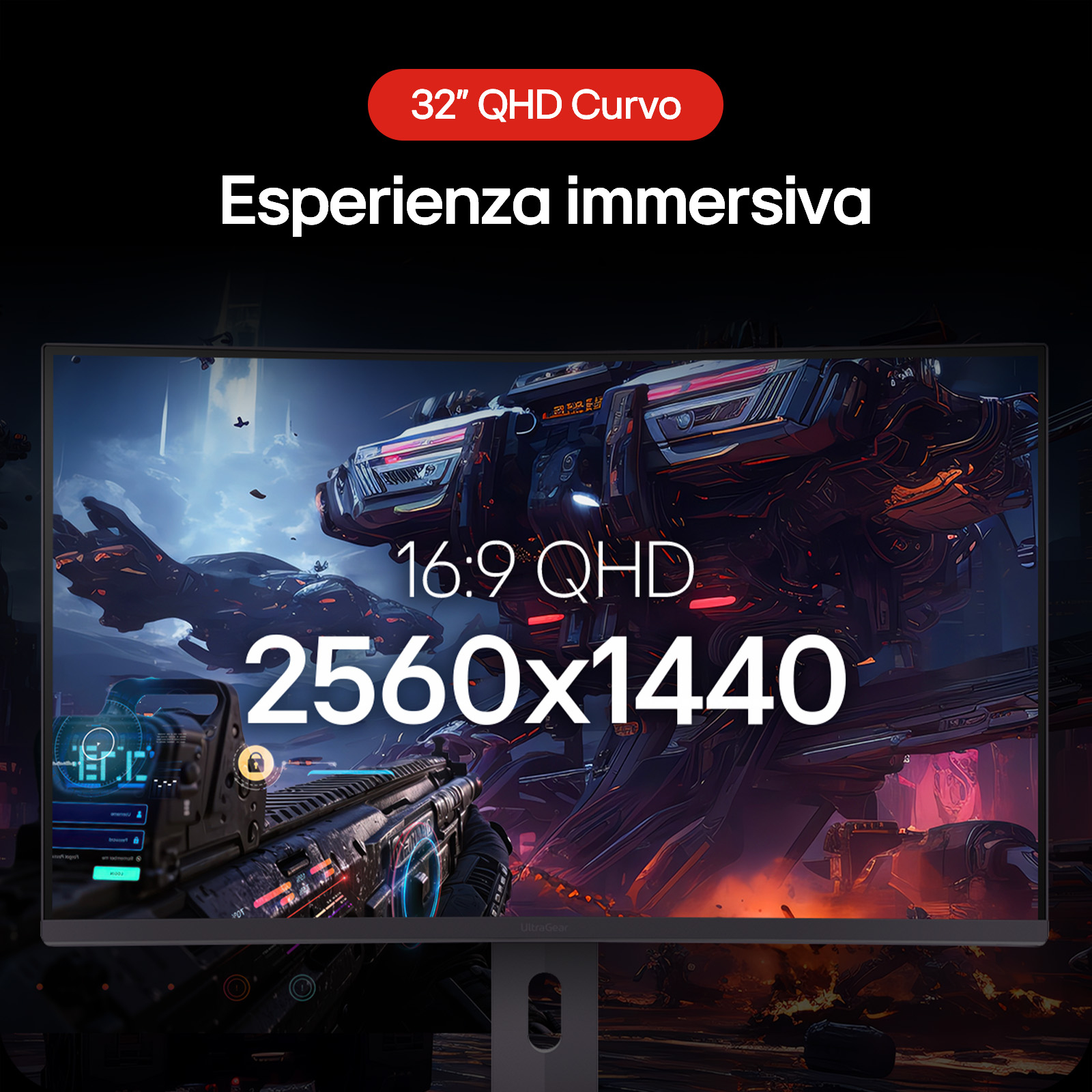 Zakrzywiony monitor wyświetla futurystyczną scenę z gry. Specyfikacje: 32" QHD, 2560x1440. Ekran pokazuje widok z gry FPS.