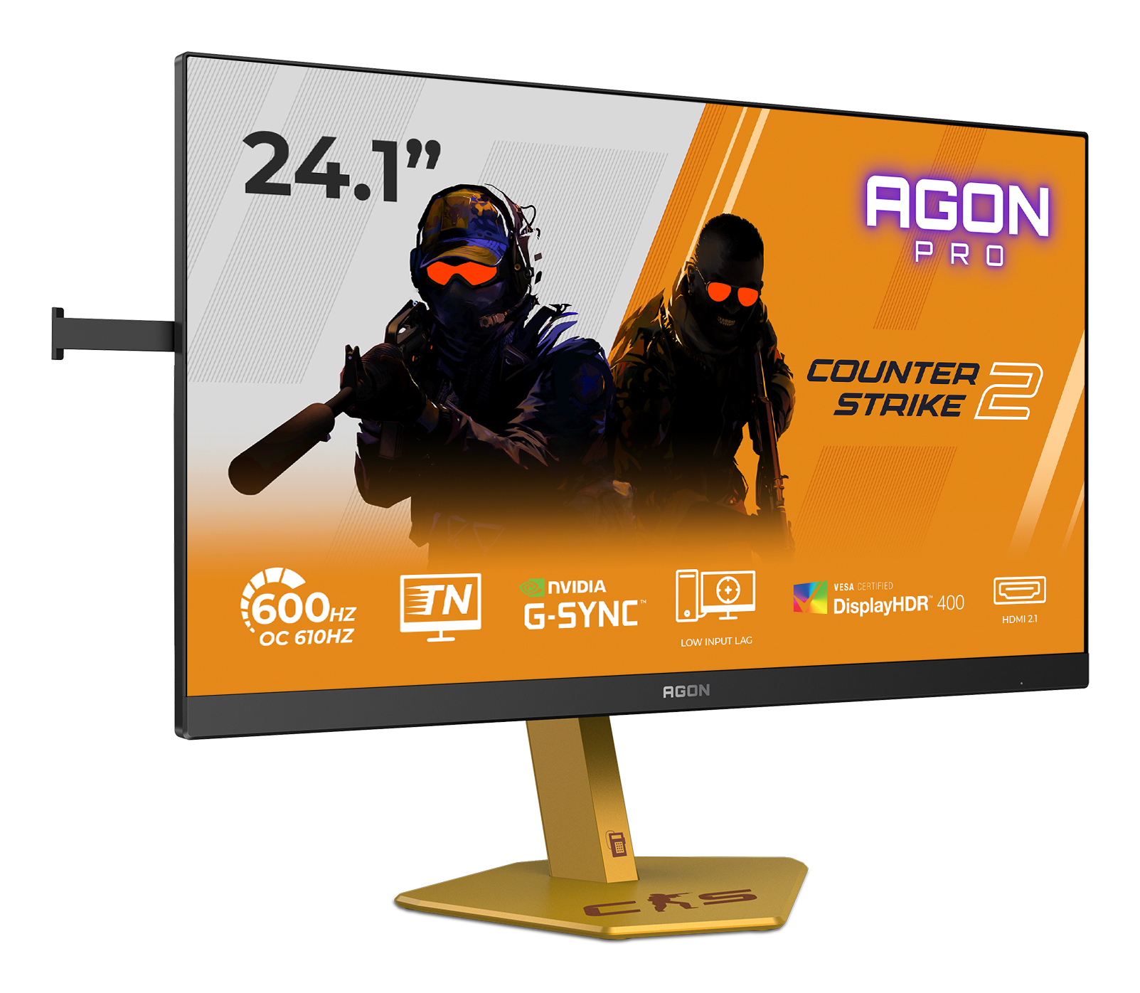 Monitor do gier z ekranem 24,1 cala. Ma złotą podstawę i wyświetla żołnierza w grze, z marką 'Counter Strike 2'.