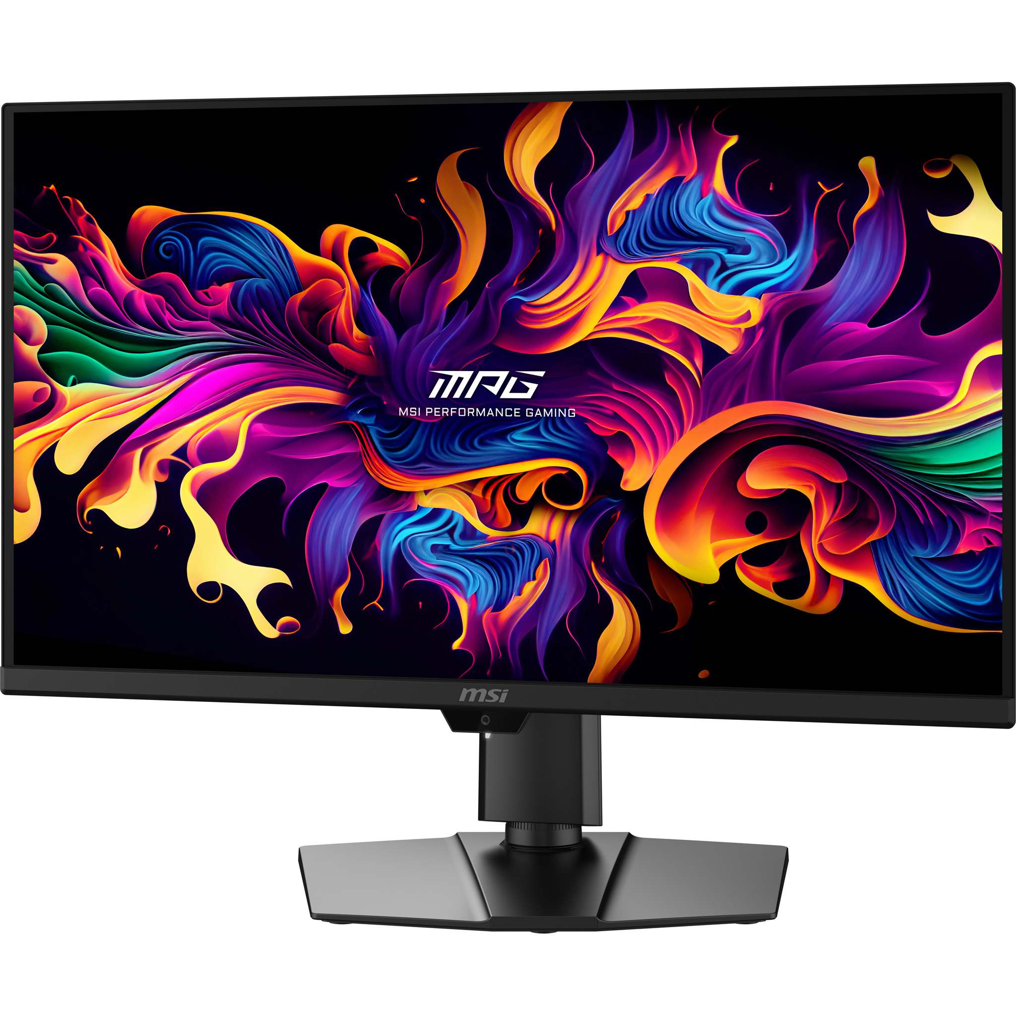 Monitor MSI z kolorową sztuką abstrakcyjną na ekranie. Ma czarną podstawę i czarną ramę.