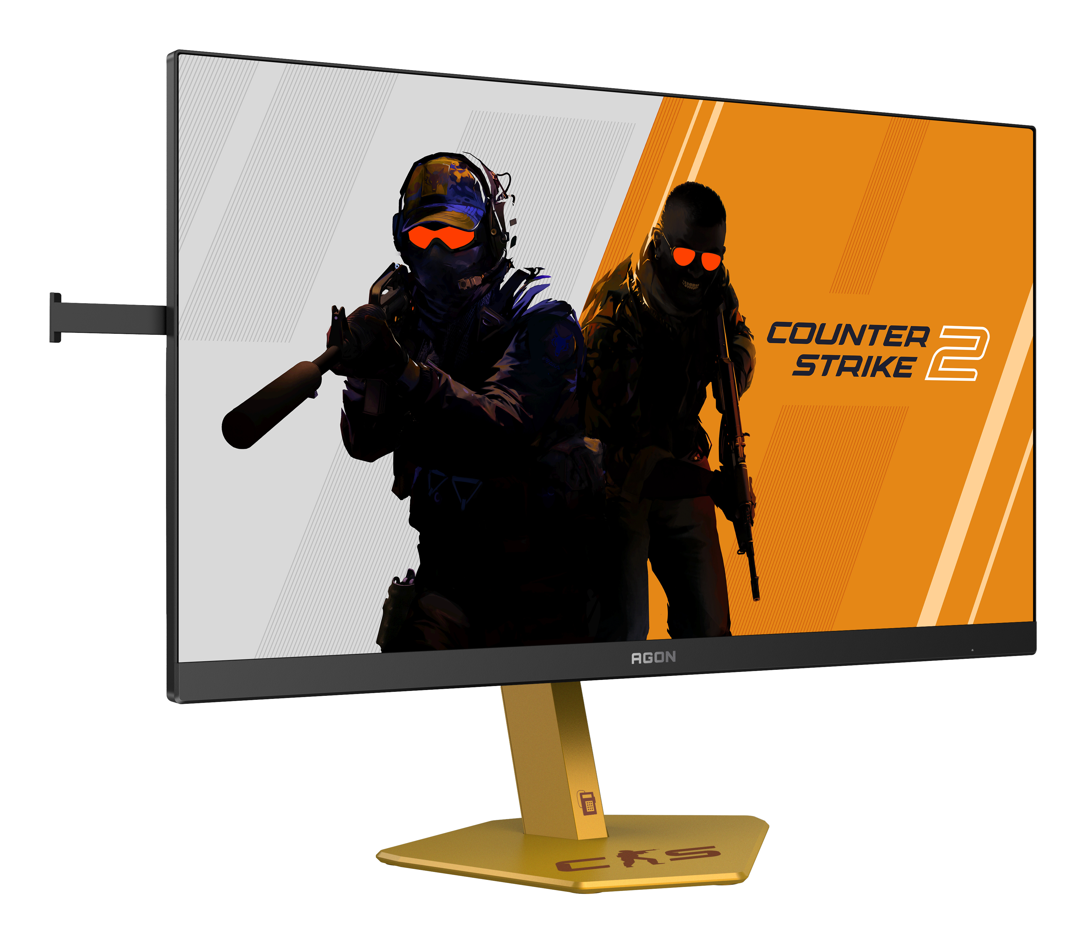 Monitor z grafiką Counter Strike 2. Monitor ma złotą podstawę i czarną ramkę. Na ekranie znajdują się dwie postacie z bronią.