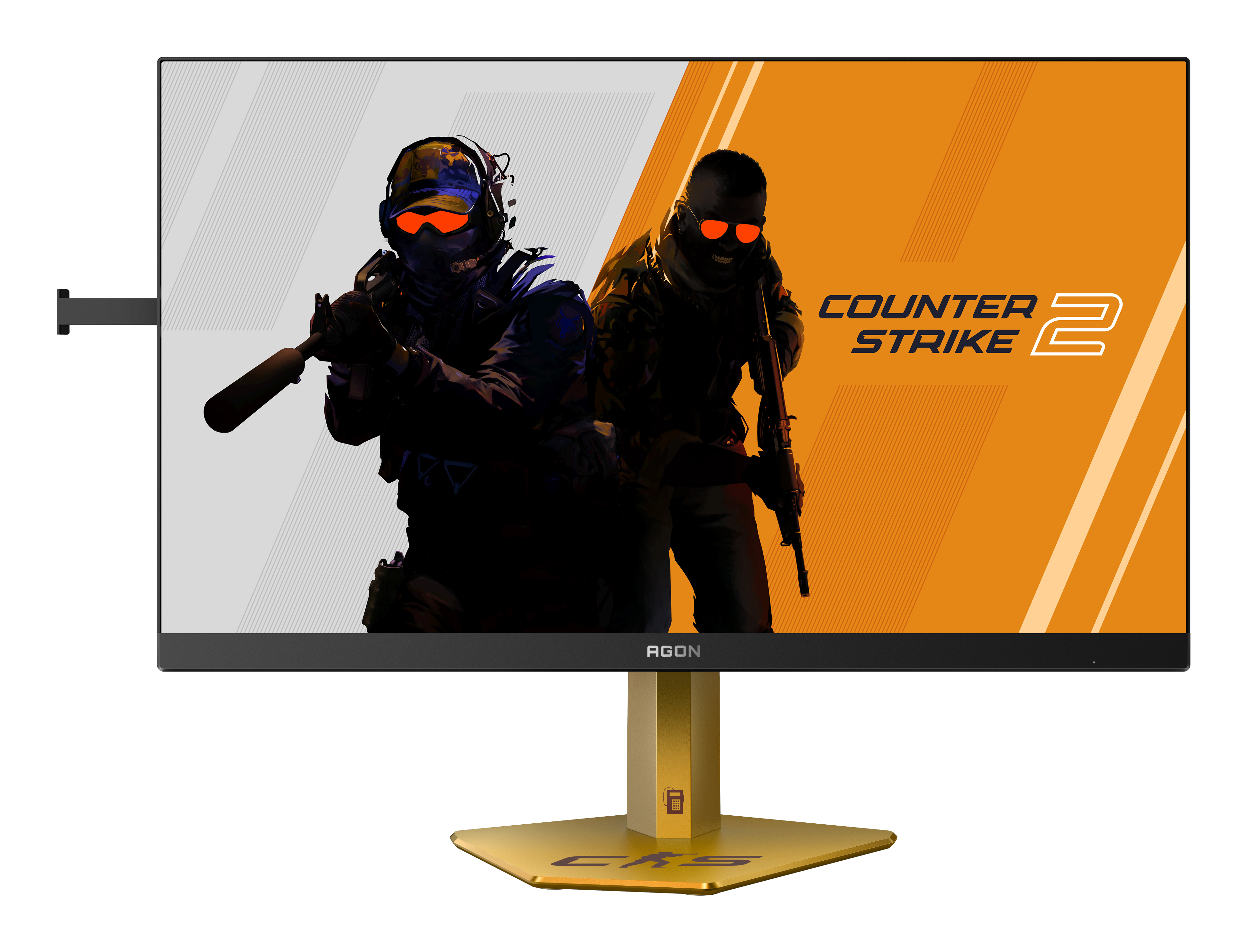 Monitor wyświetla dwóch żołnierzy, grę Counter-Strike 2 i logo AGON. Ekran ma pomarańczowo-szare tło.