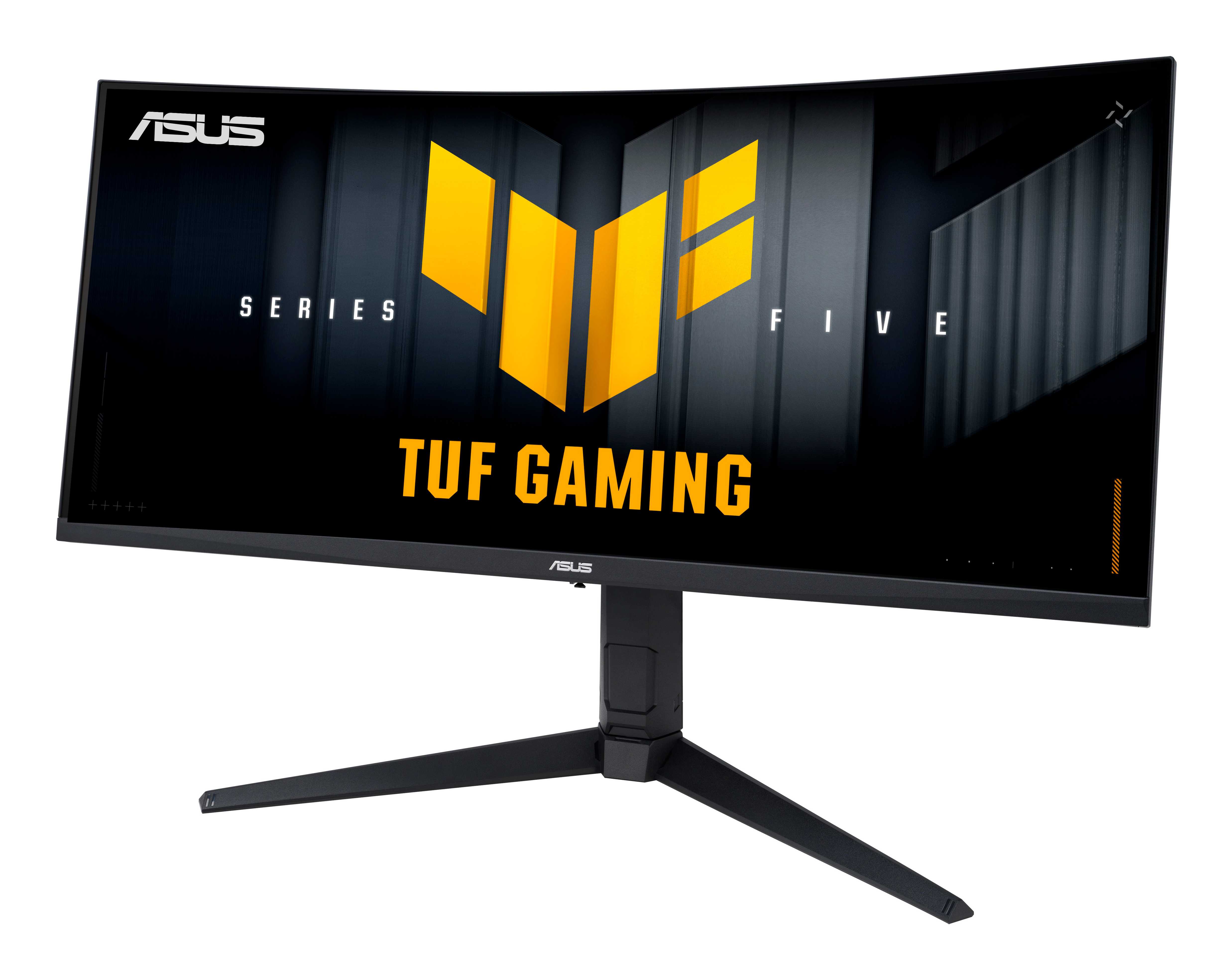 Zakrzywiony czarny monitor ASUS TUF Gaming. Żółte logo i tekst. Czarny stojak z trzema nogami.