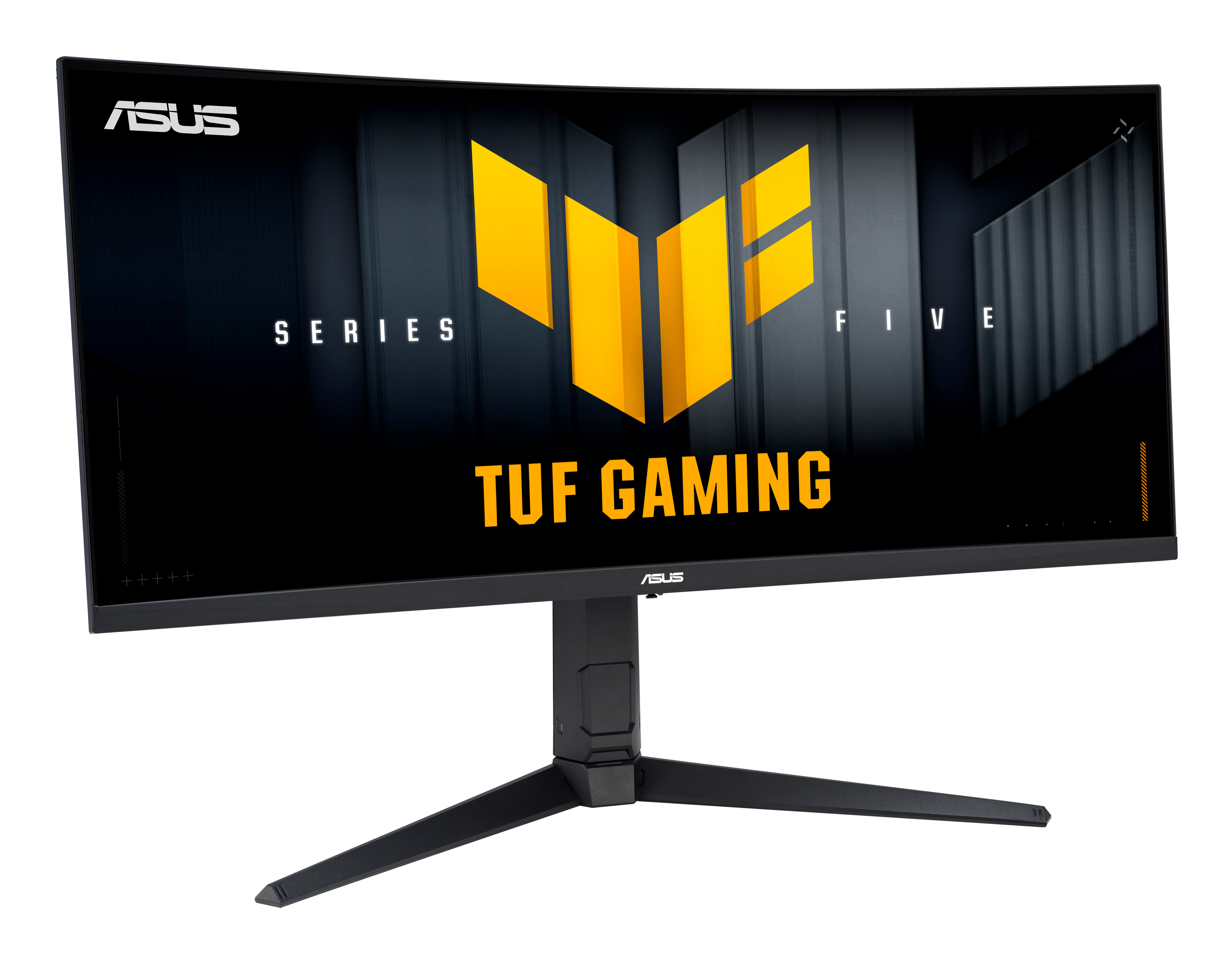 Zakrzywiony czarny monitor ASUS TUF Gaming. Ma czarną podstawę i ekran z logo TUF Gaming.