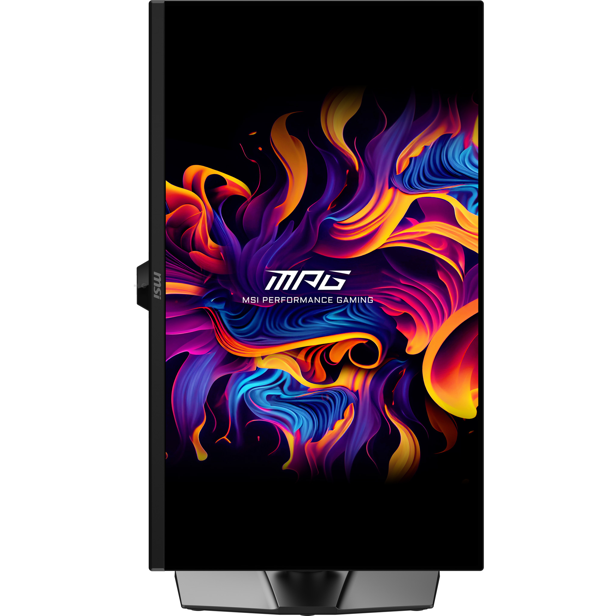 Monitor do gier MSI. Czarna ramka. Kolorowy, abstrakcyjny wzór na ekranie. Widoczne logo MSI i MPG.