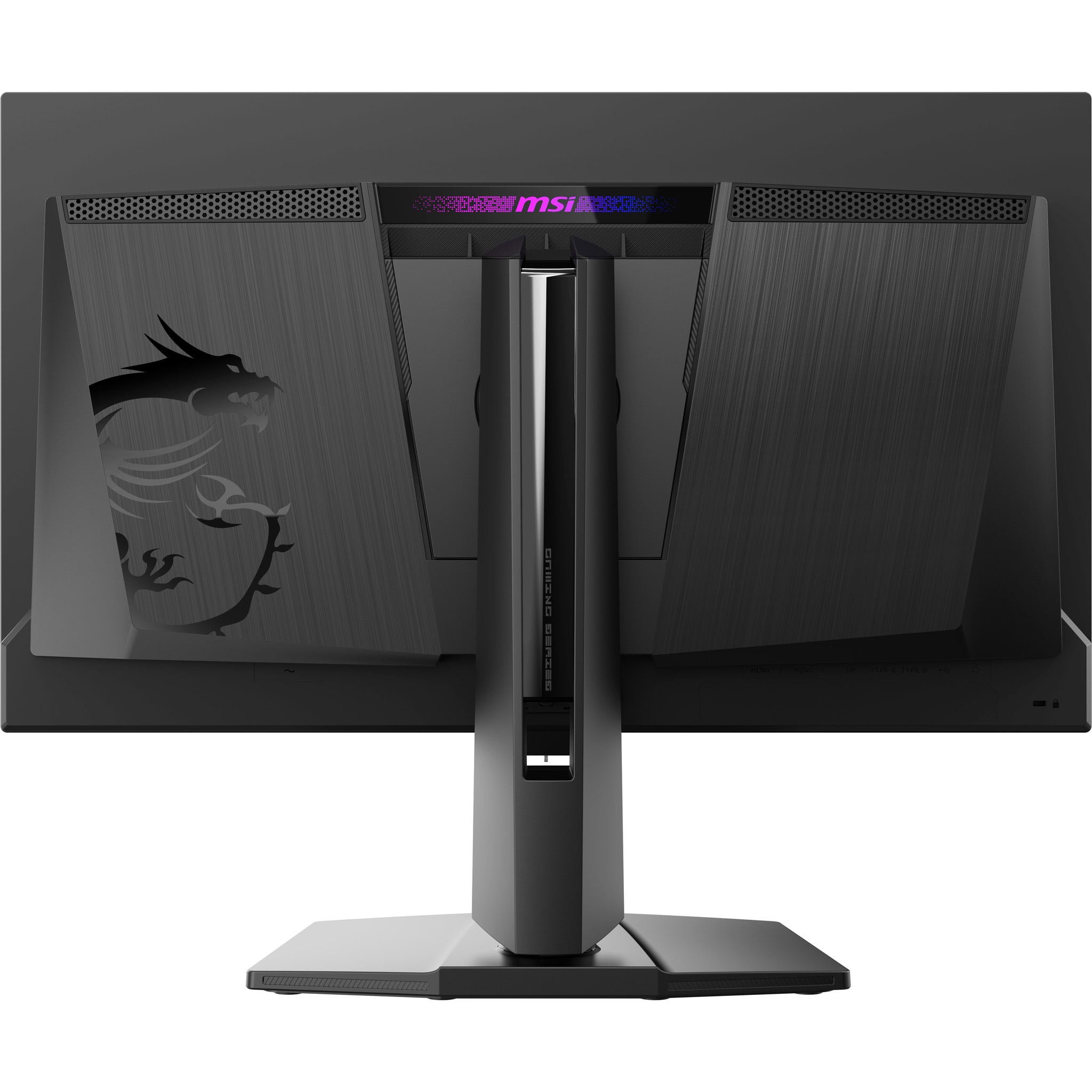Tył czarnego monitora gamingowego MSI. Posiada logo smoka, markę 'MSI' i tekst 'GAMING SERIES'.