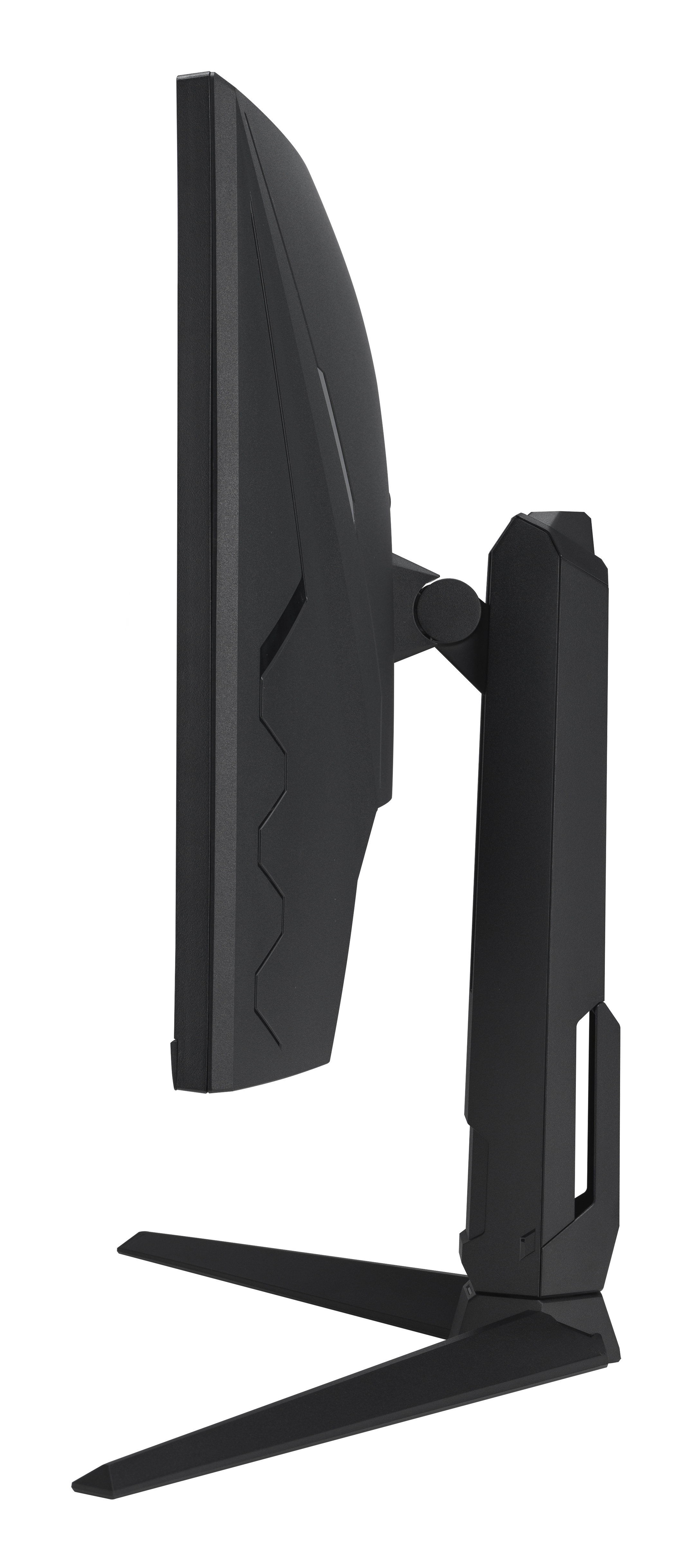 Widok z boku czarnego monitora komputerowego. Ma podstawę i zakrzywiony ekran. Tło jest białe.
