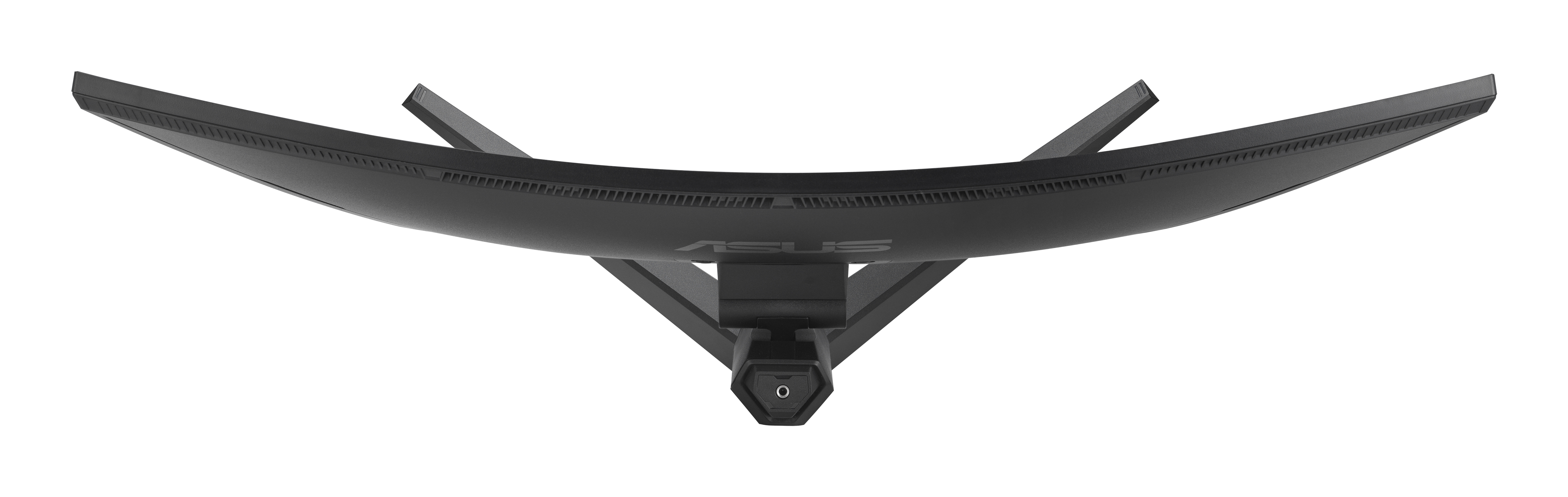 Czarny zakrzywiony monitor z logo ASUS. Widok z góry. Stojak jest czarny i ma sześciokątną podstawę.